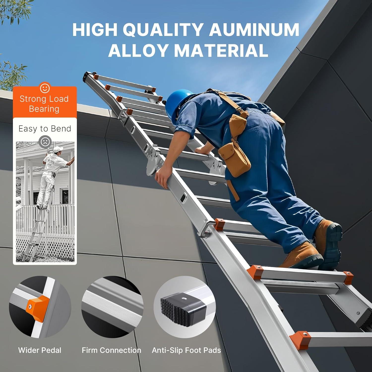 VEVOR Telescoping A Frame Ladder, 20 FT Compact Aluminum Extension, Multi-Function Portable Collapsible RV, for Homework Stairs Indoor Outdoor Roof, 330lb Load