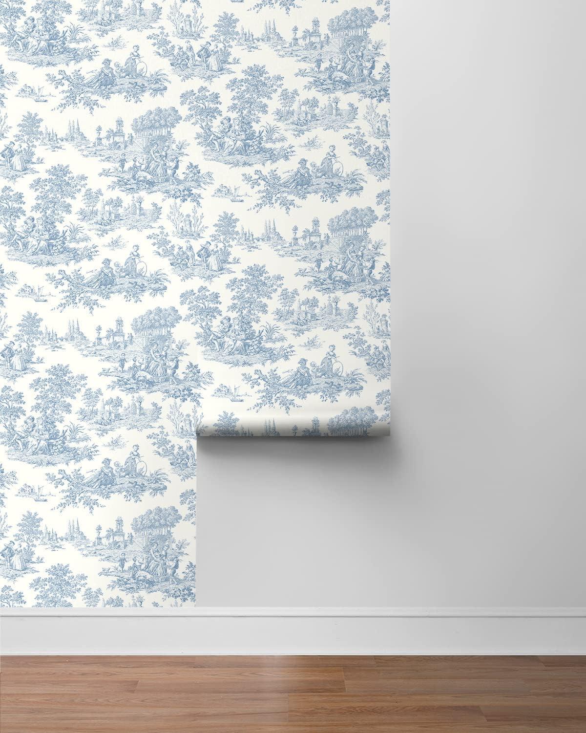 NextWall Chateau Toile Peel and Stick Wallpaper Blue: Removable Vinyl, Self-Adhesive, Traditional Toile Design, 30.75 Sq Ft Coverage