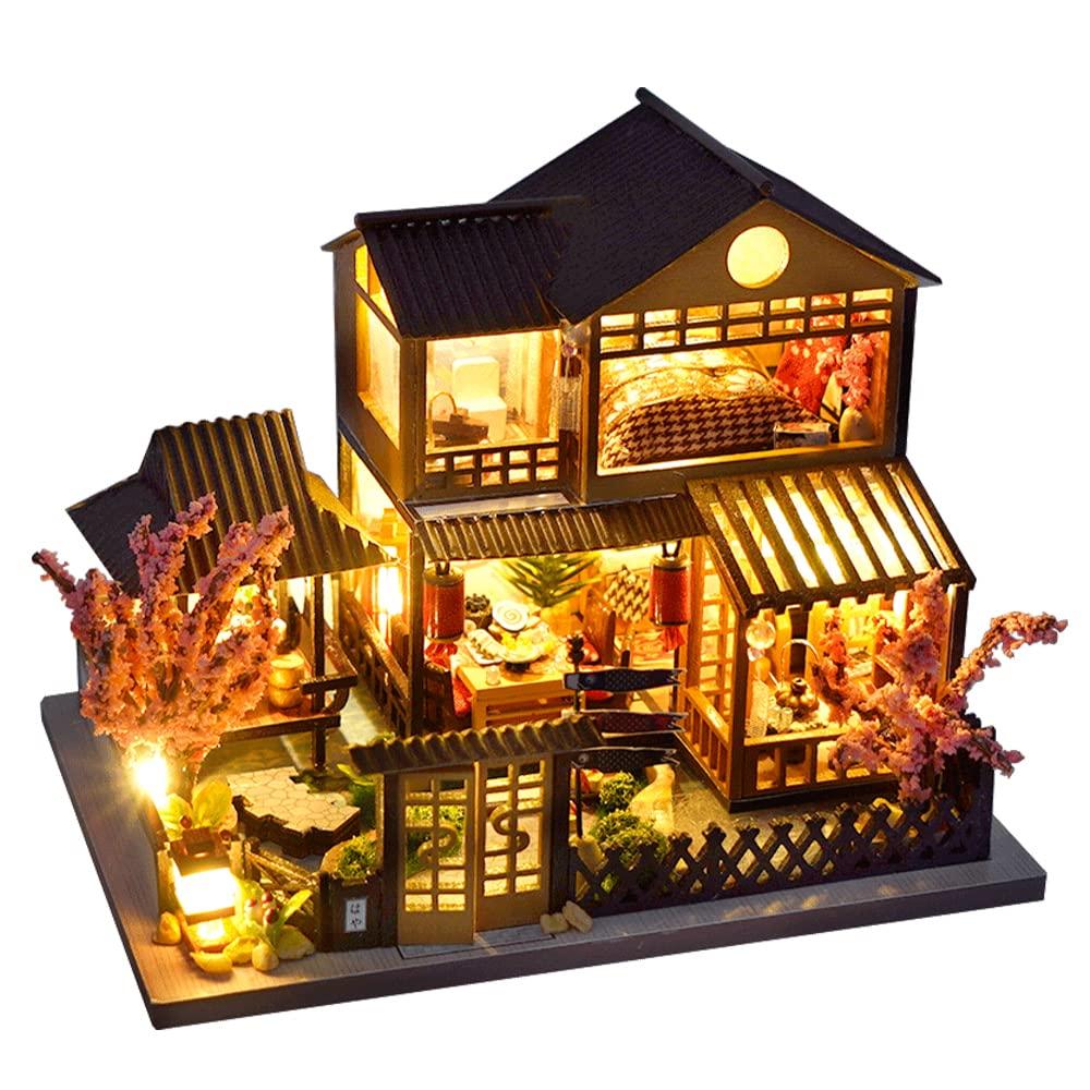 CUTEBEE Dollhouse Miniature with Furniture, DIY Wooden Dollhouse Kit Plus Dust Proof, Creative Room Idea (Japanese Garden House)