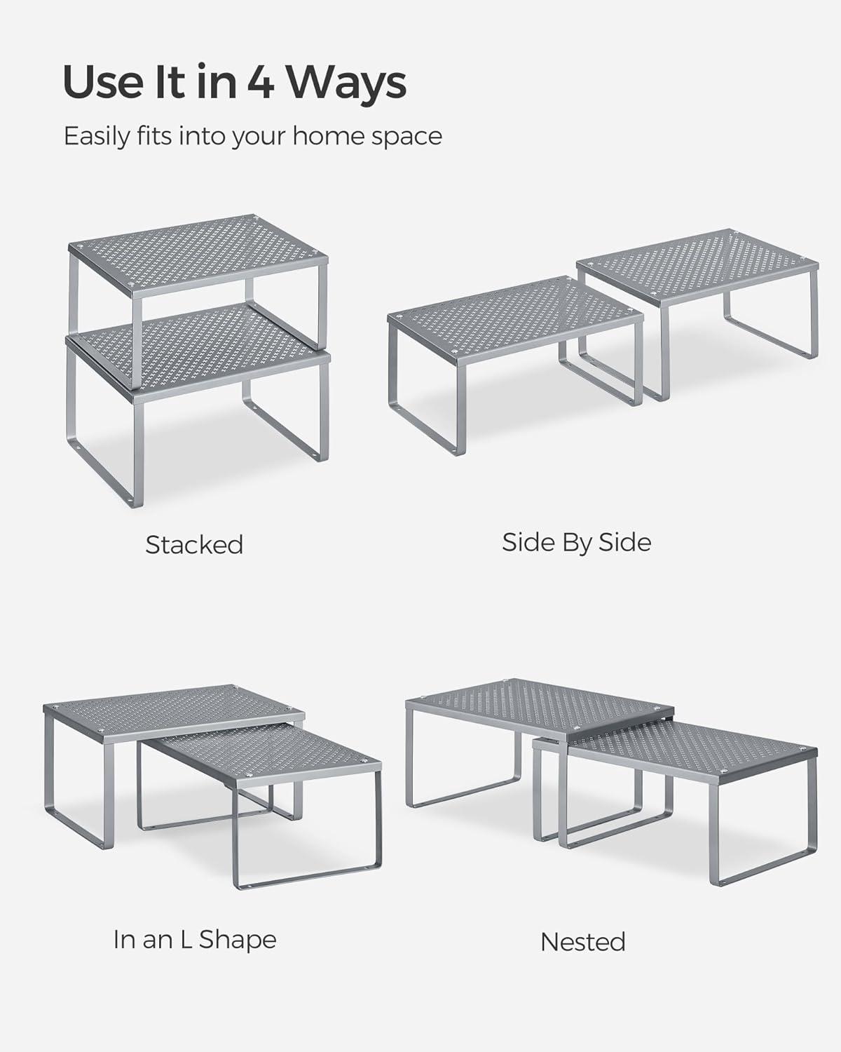 Silver Stackable Metal Kitchen Counter Shelves, Set of 2