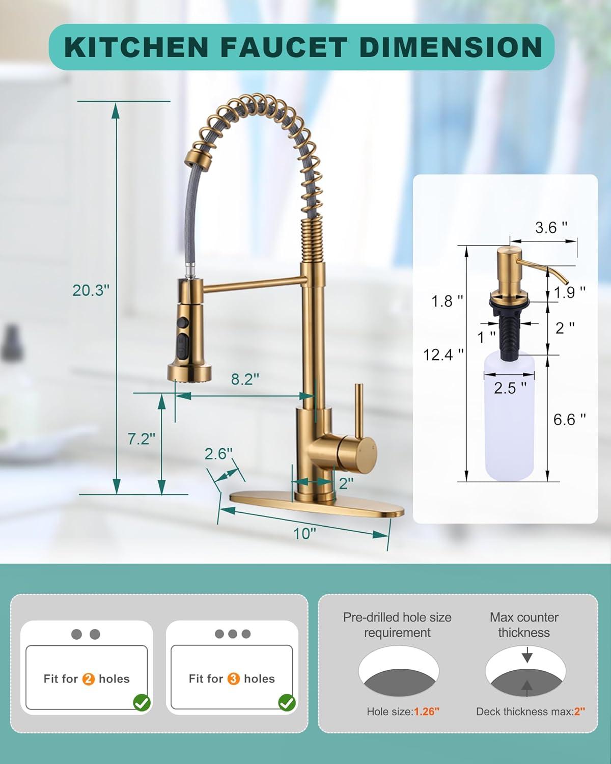 Brushed Gold Stainless Steel Pull Down Kitchen Faucet with Soap Dispenser