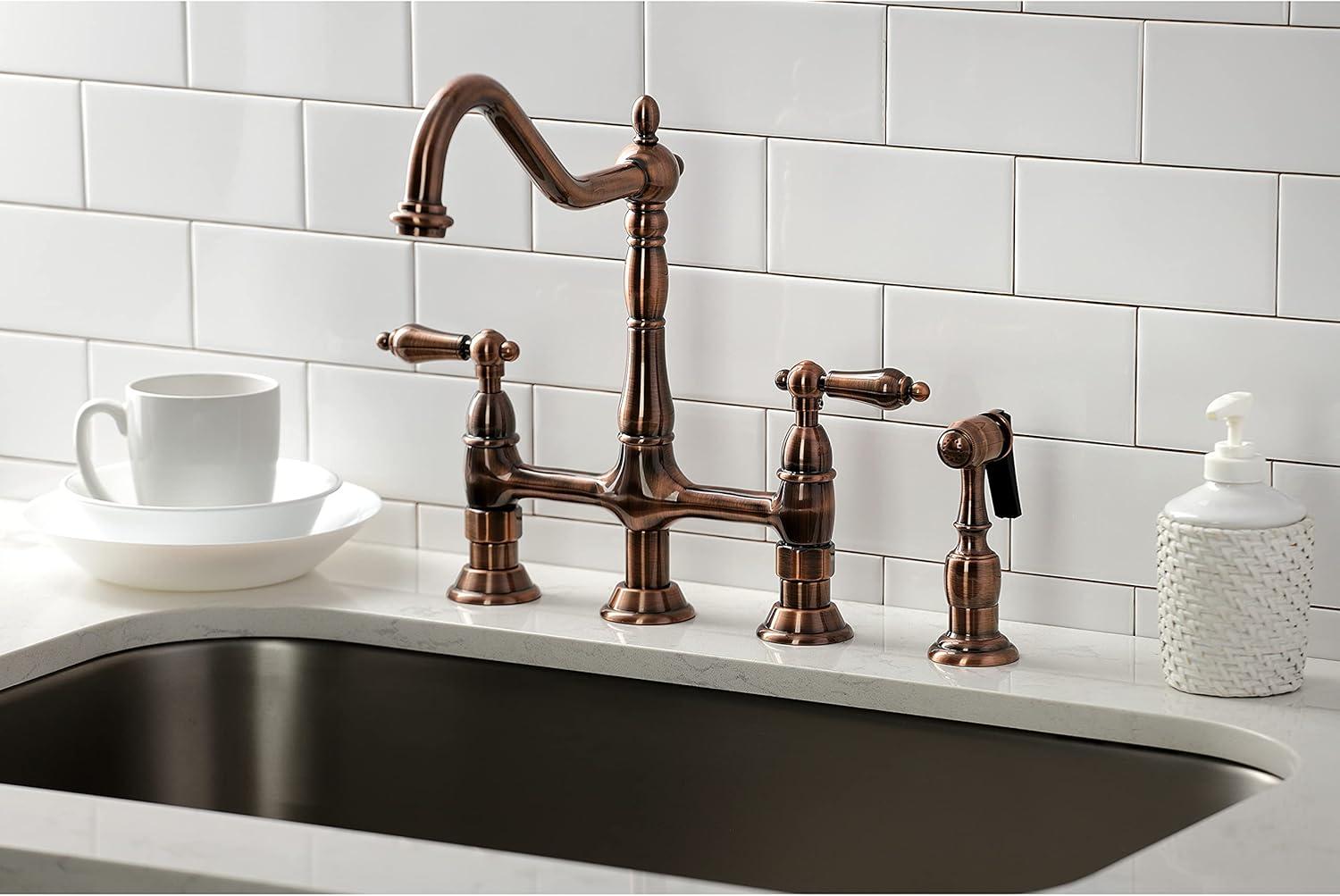 Kingston Brass Heritage Two-Handle 4-Hole Deck Mount Bridge Kitchen Faucet with Brass Side Sprayer