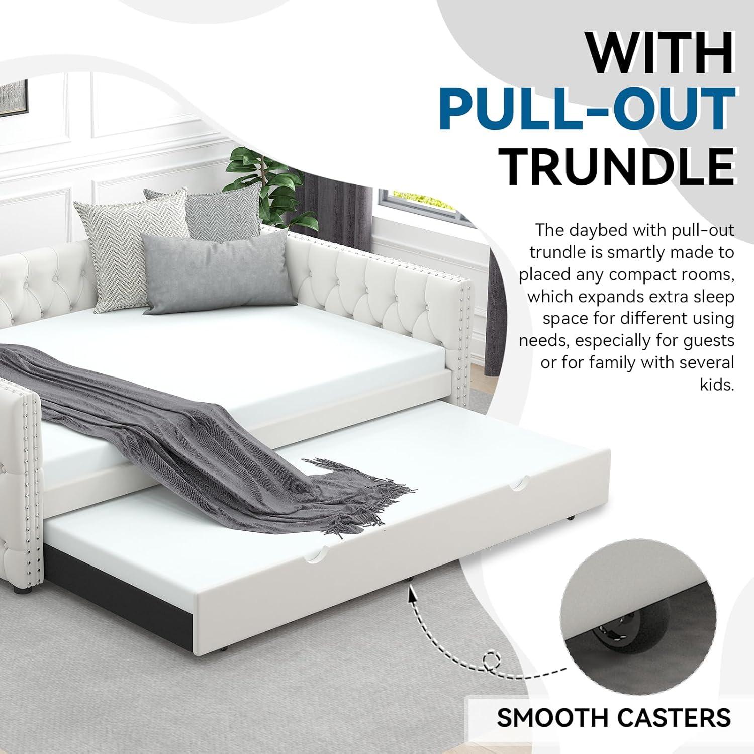 KNeretva Velvet Full Daybed with Twin Trundle, Modern Upholstered Full Size Day Bed Button-Tufted Sofa Daybed Frame (Black)