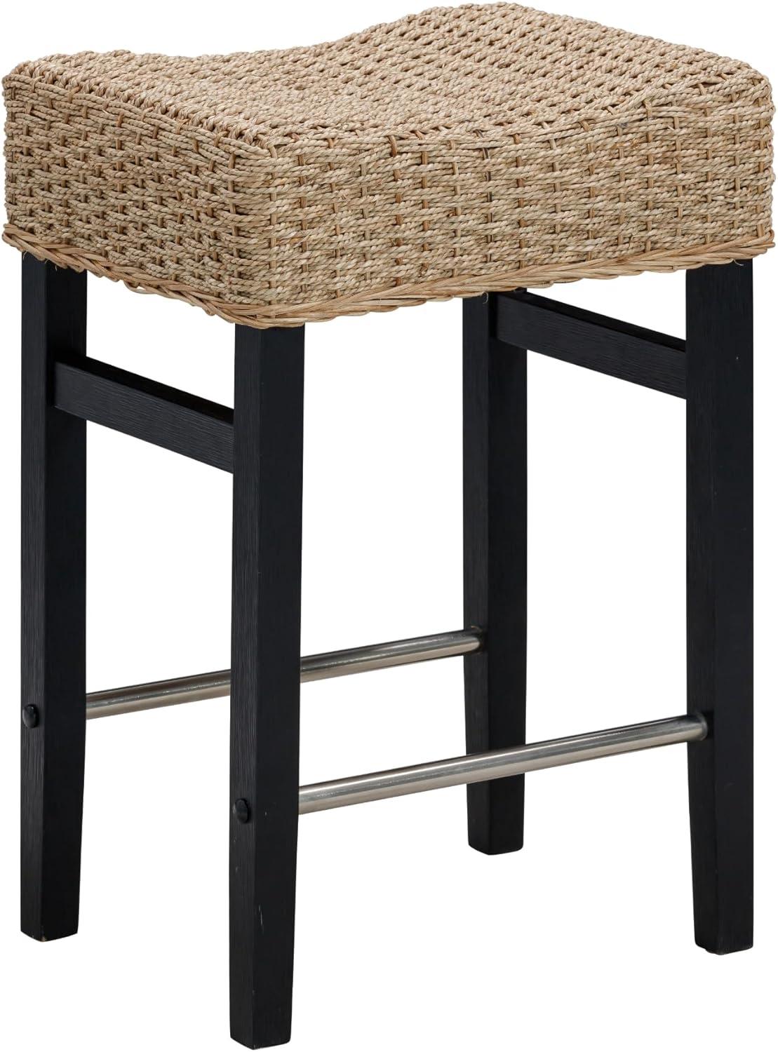 Black and Natural Woven Rattan Saddle Bar Stool with Metal Footrest