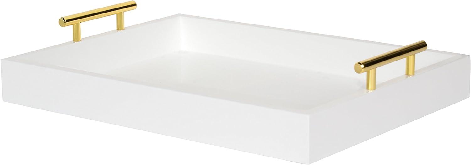 Luxe White and Gold Rectangular Wooden Tray with Polished Handles