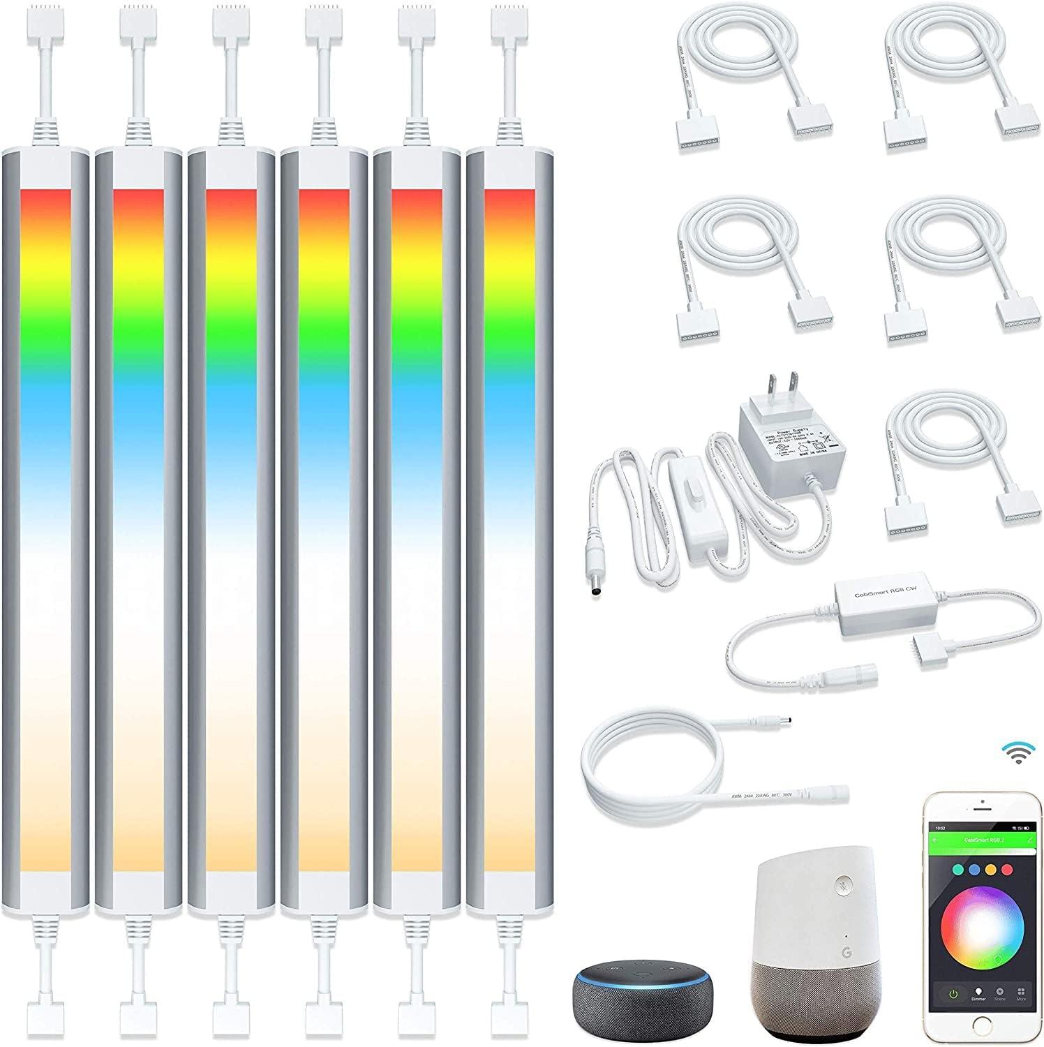 Smart Under Cabinet Lighting Strip Lights White & Color Changing Dimmable Work with Alexa Google Smart Thing Phone App, RGB Multi Colored Lamp for Kitchen Counter Light Fixture (6 Lights Bar Kit)