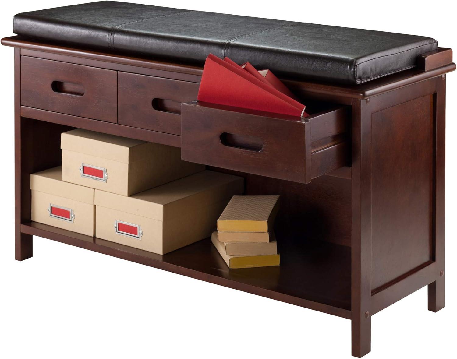 Adriana Entryway Storage Bench with Cushion Walnut - Winsome: Solid Wood, 3 Drawers, Faux Leather