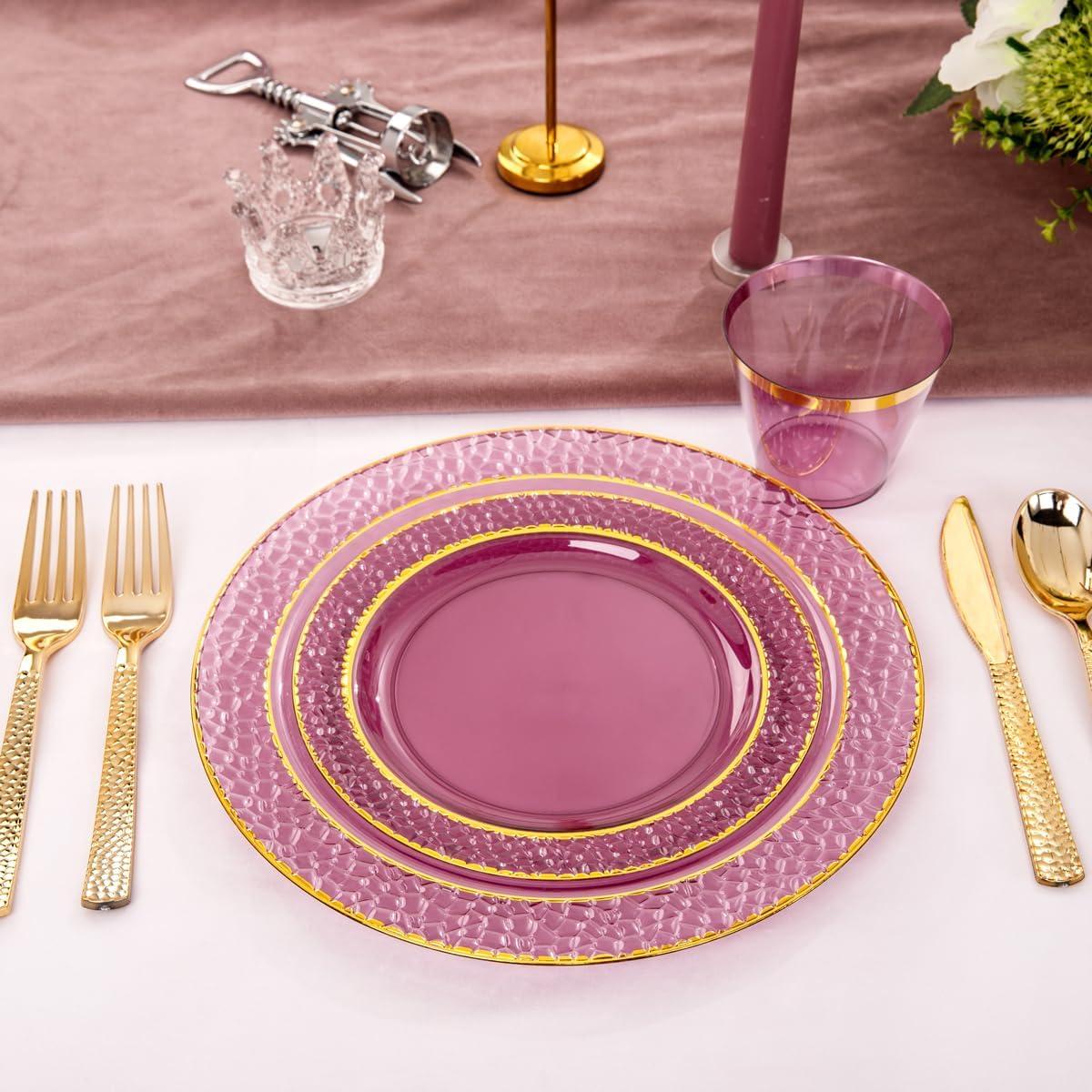 Elegant Purple and Gold Disposable Plastic Dinnerware Set