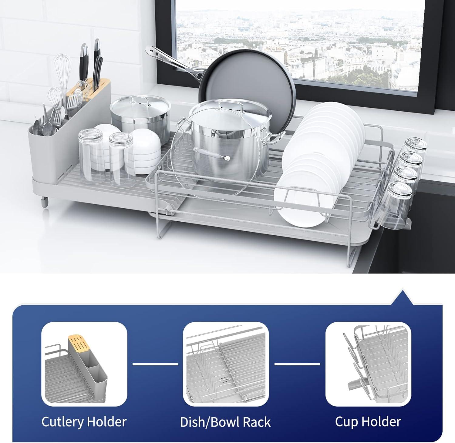Kitsure Large Dish Drying Rack - Extendable Dish Rack, Multifunctional Dish Rack for Kitchen Counter, Anti-Rust Dish Drainers with Cutlery & Cup Holders 19.2"-26.7" L x 12.9" W, Grey