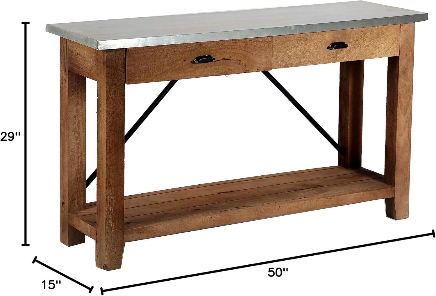 Alaterre Millwork 50" Wood and Zinc Metal Console/Media Table with Two Drawers, Amber/Silver