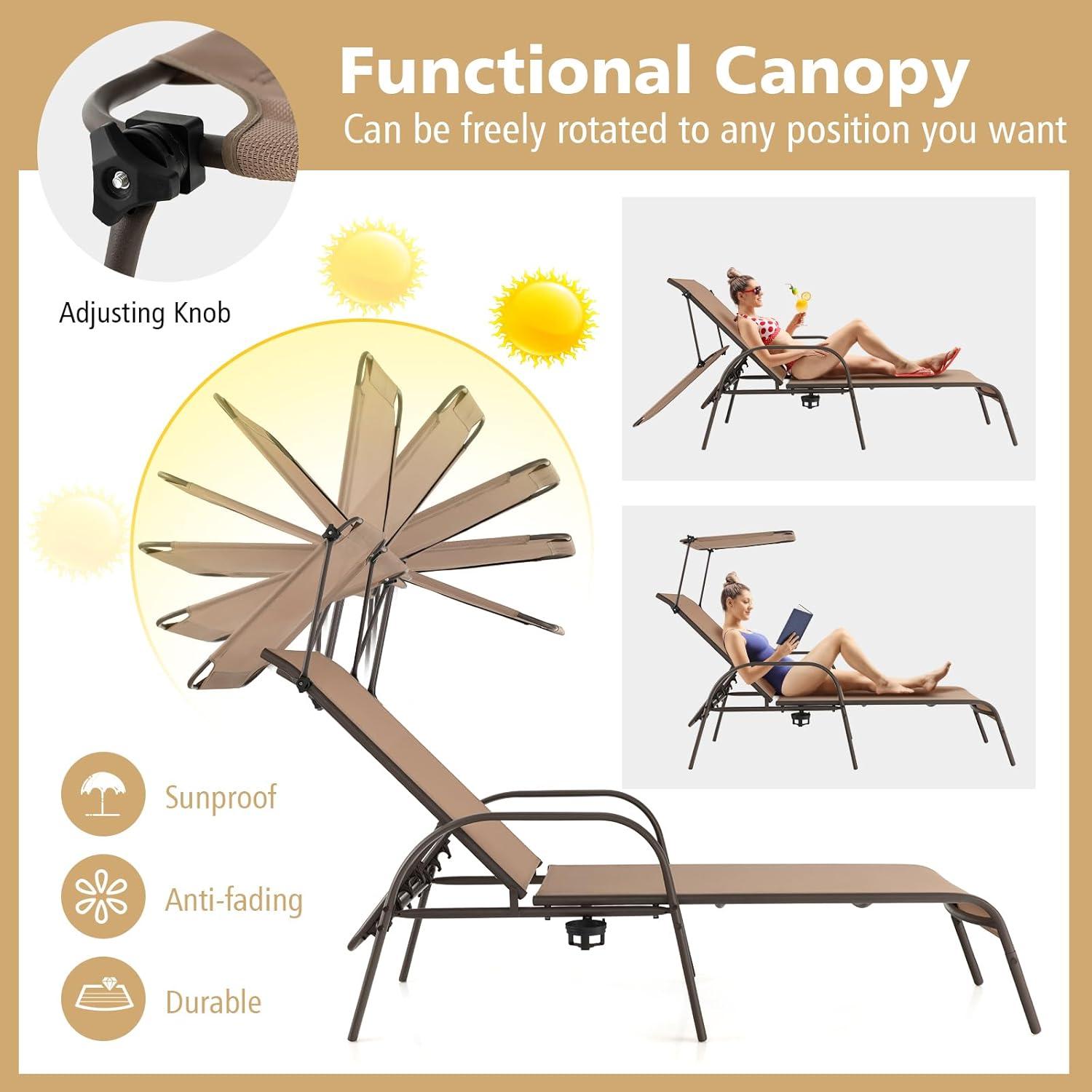 Costway Patio Heavy-Duty Chaise Lounge 5-Level Adjustable Outdoor Recliner Canopy Cup