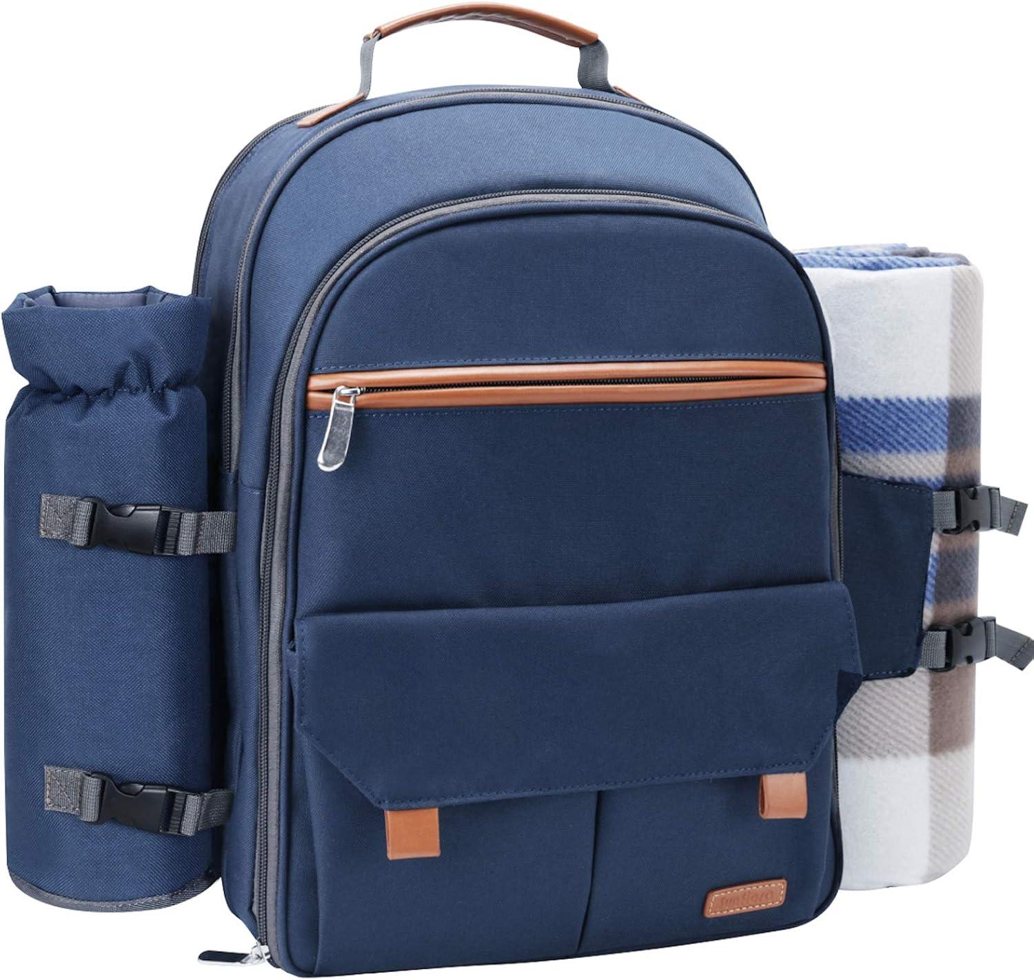 Navy Blue Cationic Fabric Picnic Backpack with Blanket and Insulated Cooler