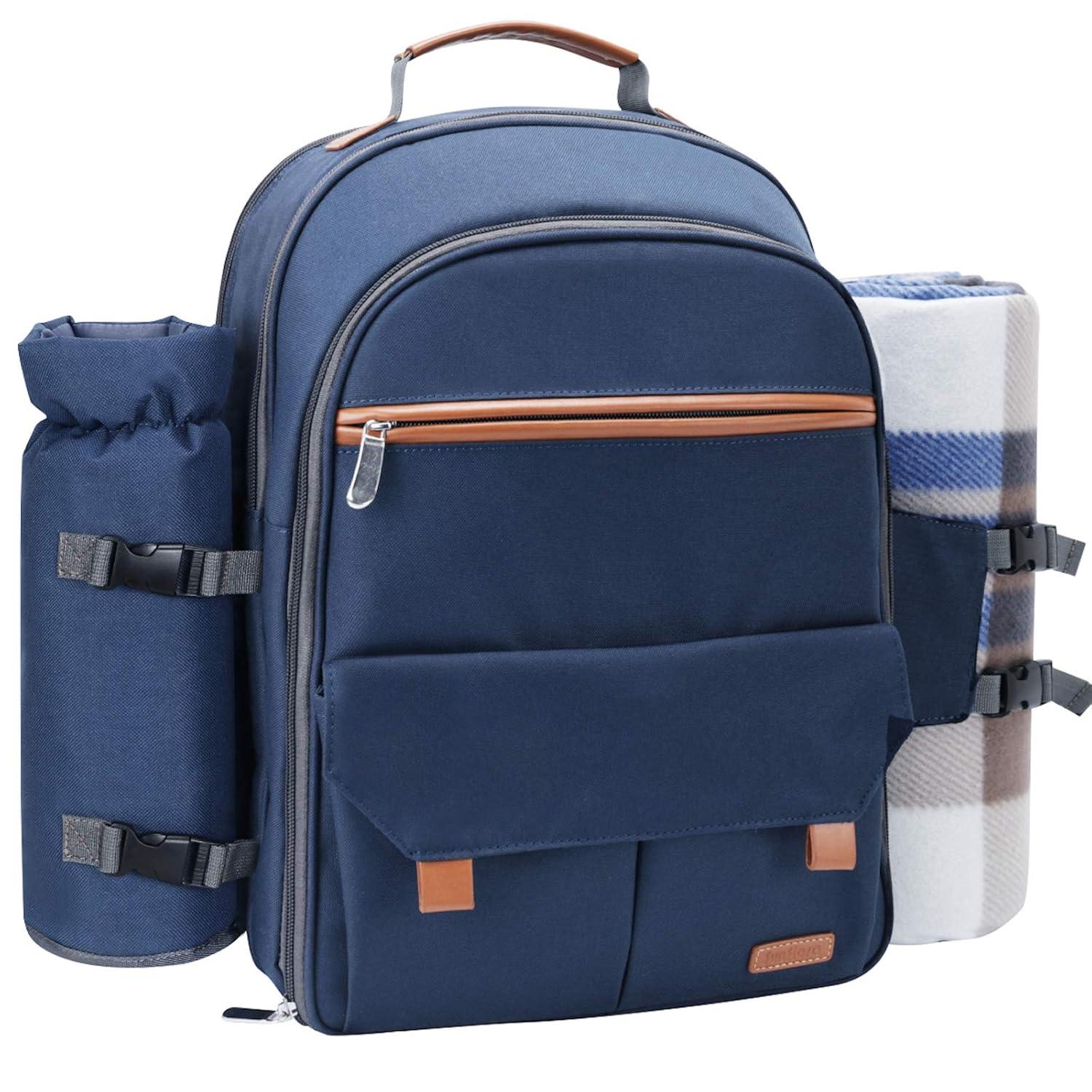 Navy Blue Cationic Fabric Picnic Backpack with Blanket and Insulated Cooler