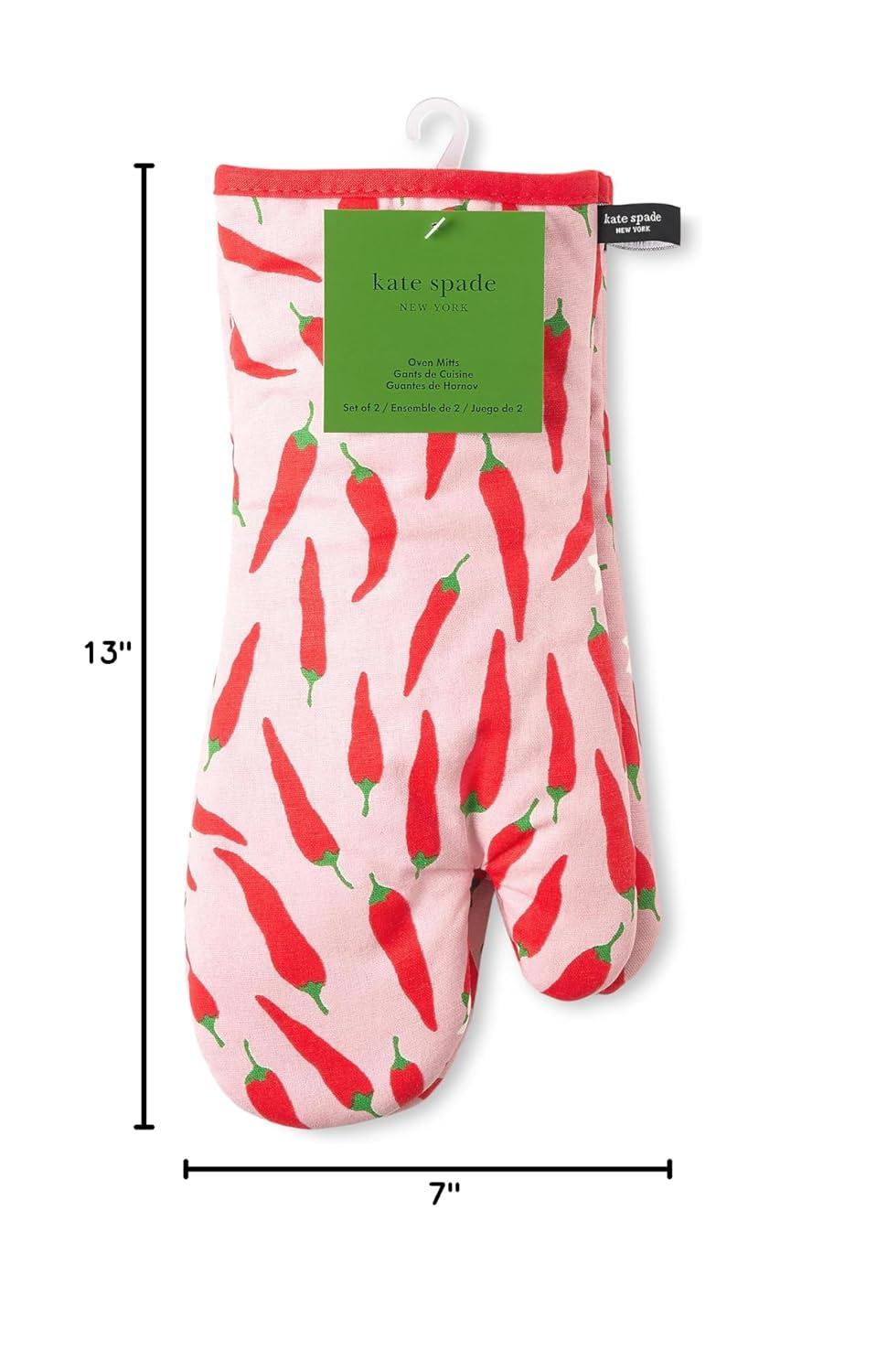 kate spade new york Hot Hot Hot Peppers Oven Mitt 2-Pack Set, Heat Resistant, 100% Cotton, Red/Pink, 7"x13"