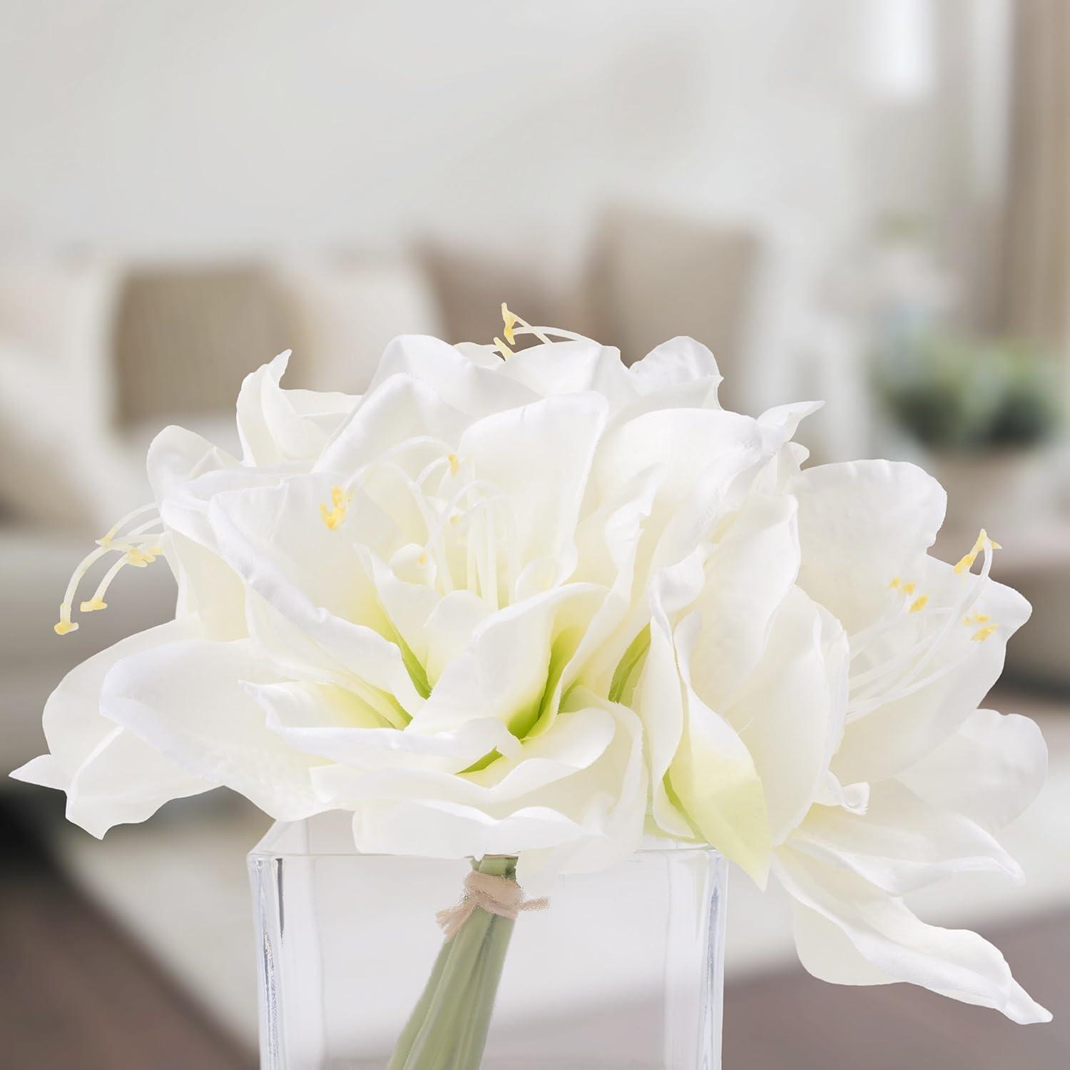 Lilies Floral Centerpiece - Five Cream-Colored Lily Blossoms in a Clear Glass Bowl with Fake Water - Artificial Flowers in Vase by Pure Garden (Cream)