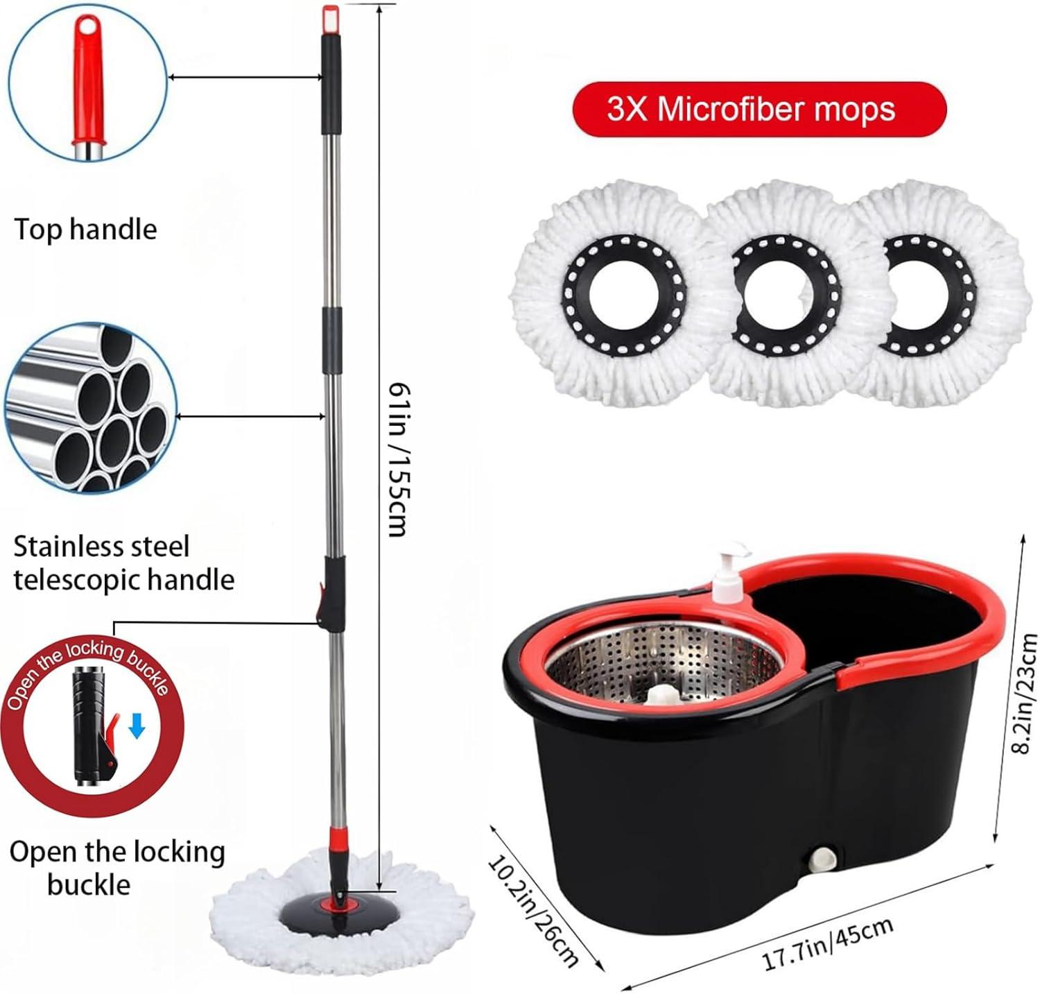 61" Stainless Steel Spin Mop and Bucket Set with 3 Microfiber Heads