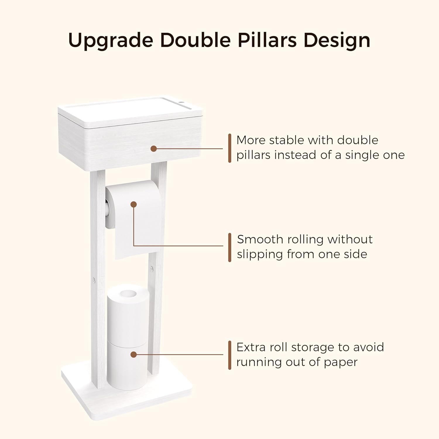 Hokku Designs 4-In-1 Bamboo Toilet Paper Holder Stand With Storage Shelf, Free Standing Toilet Tissue Roll Organizer, 360° Rotating Lid, Extra Storage For Bathroom Essentials