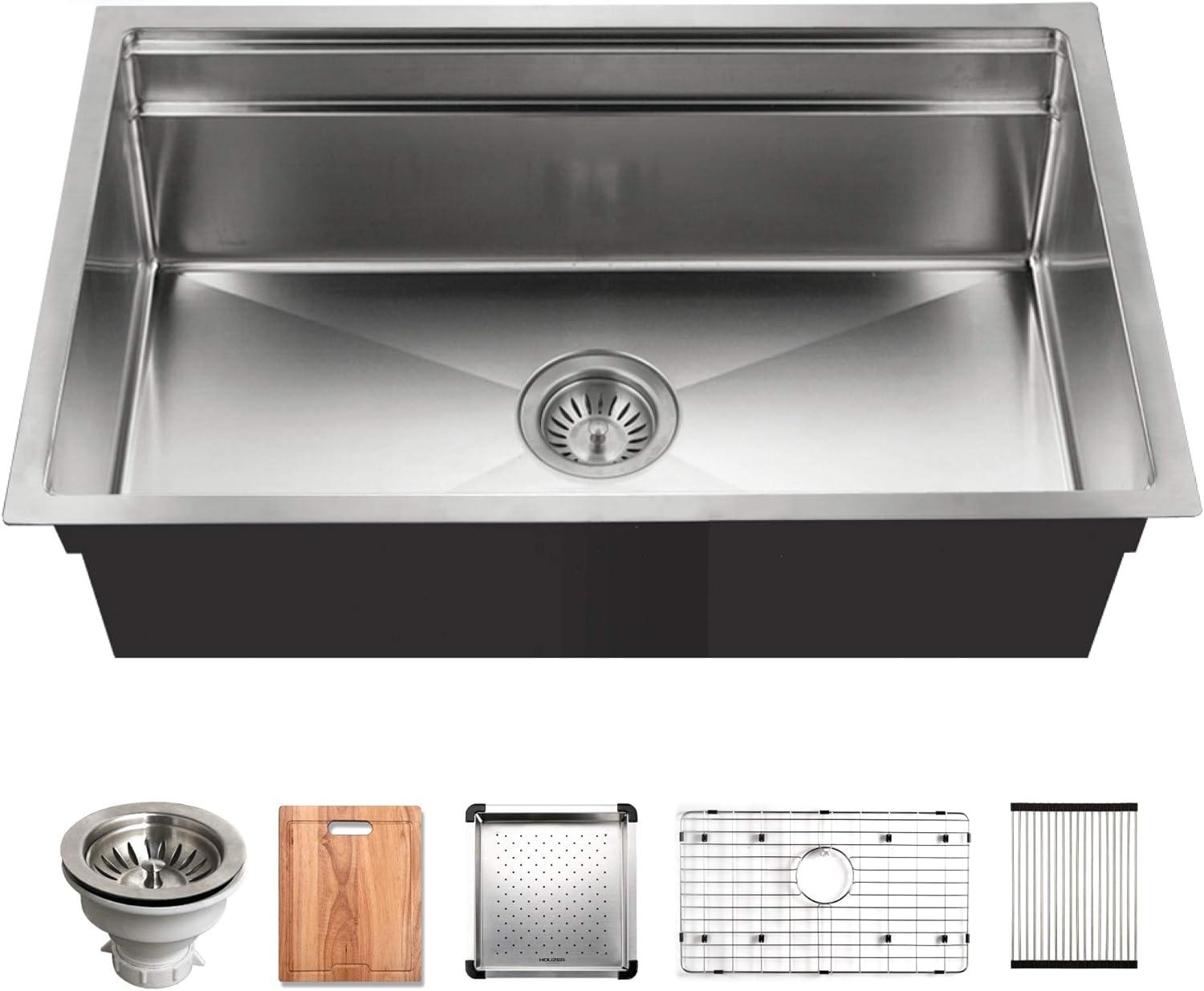 Houzer Novus Undermount Sliding Dual Deck Stainless Steel 32" Single Bowl Kitchen Sink, Includes Acc