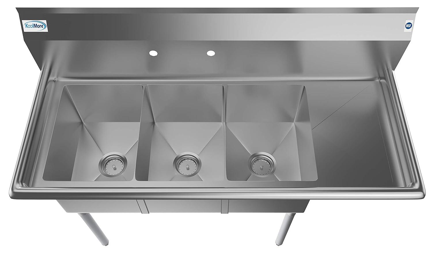 KoolMore 51 in. Three Compartment Stainless Steel Commercial Sink with Drainboard, Bowl Size 12"x 16"x 10"