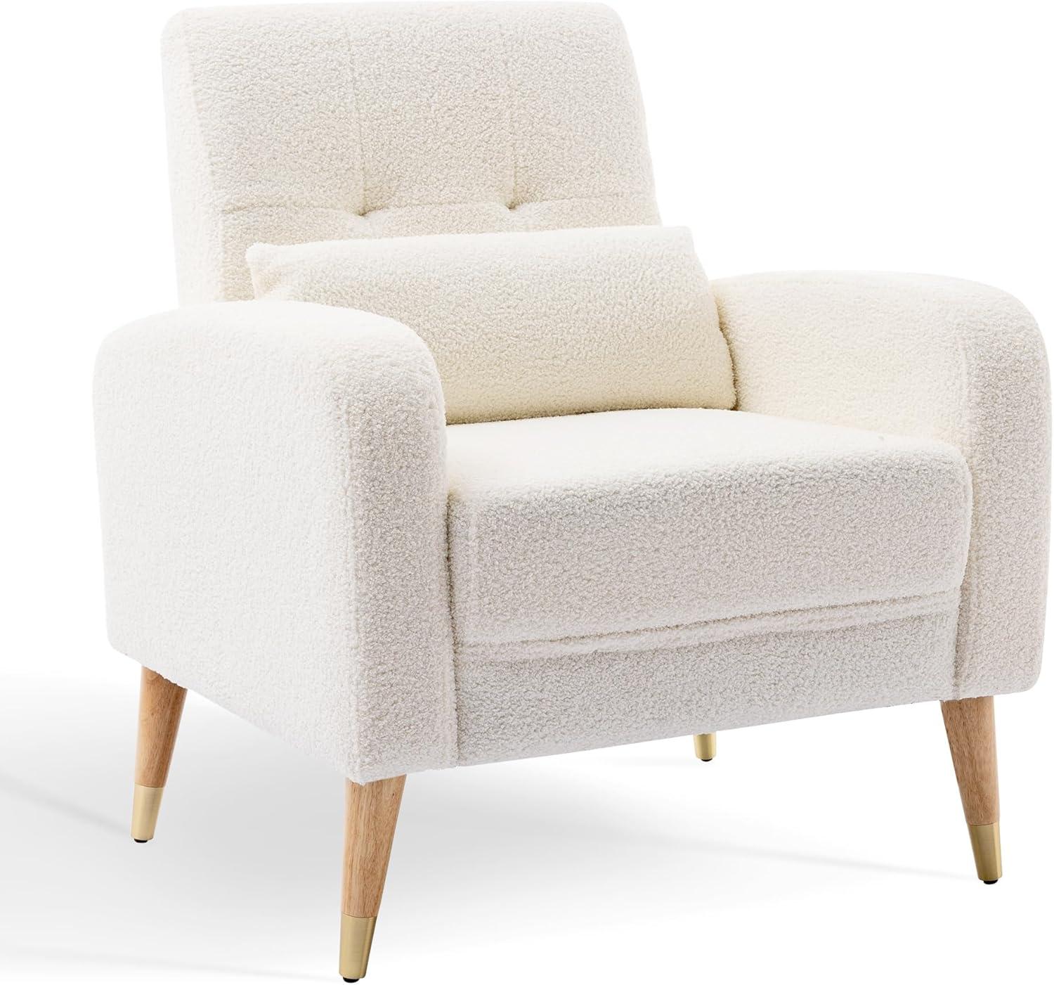 White Upholstered Modern Accent Chair with Wooden Legs