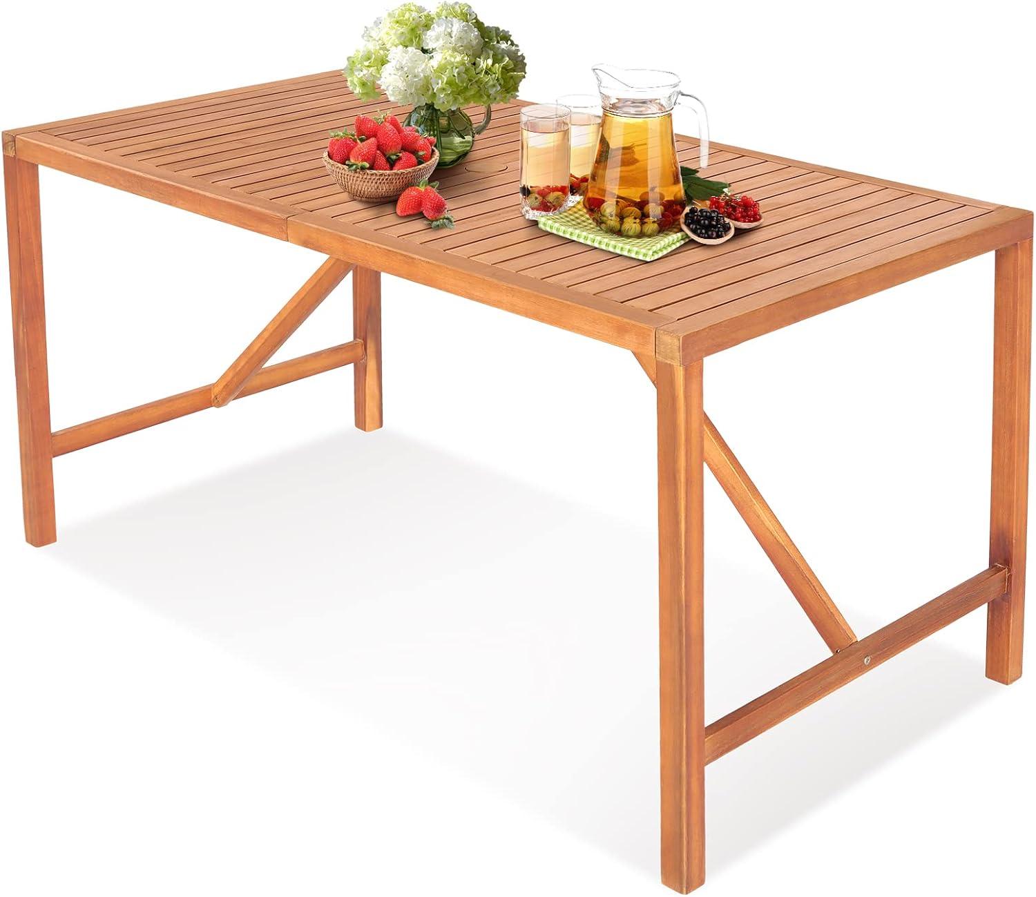 Tangkula Rectangular Acacia Wood Dining Table 4-6 Person Patio 2" Umbrella Hole Natural