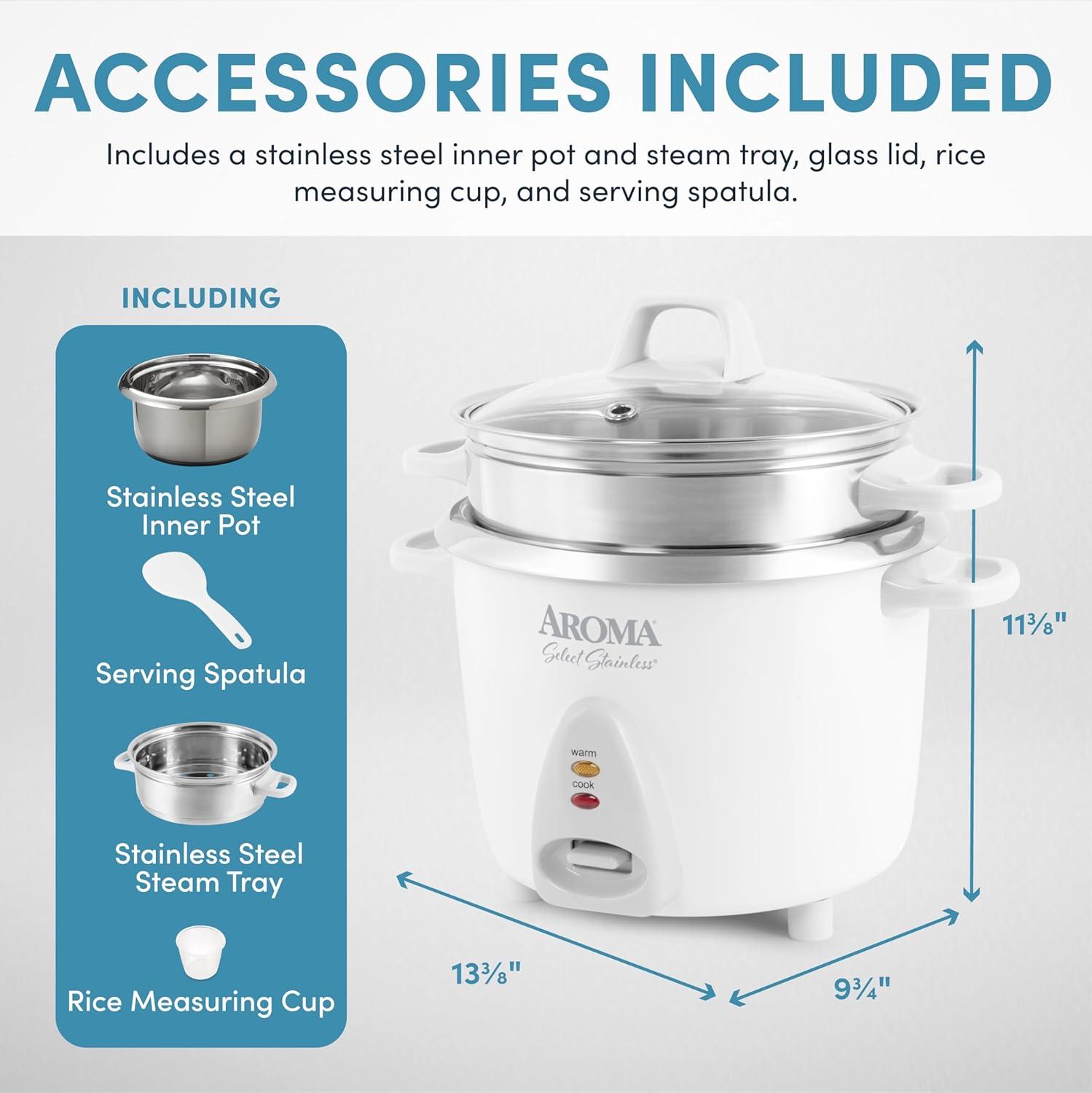 Aroma Aroma  7-Cup (Uncooked) / 14-Cup (Cooked), 3Qt. Rice & Grain Cooker, Stainless Steel Inner Pot, Steam Tray Included