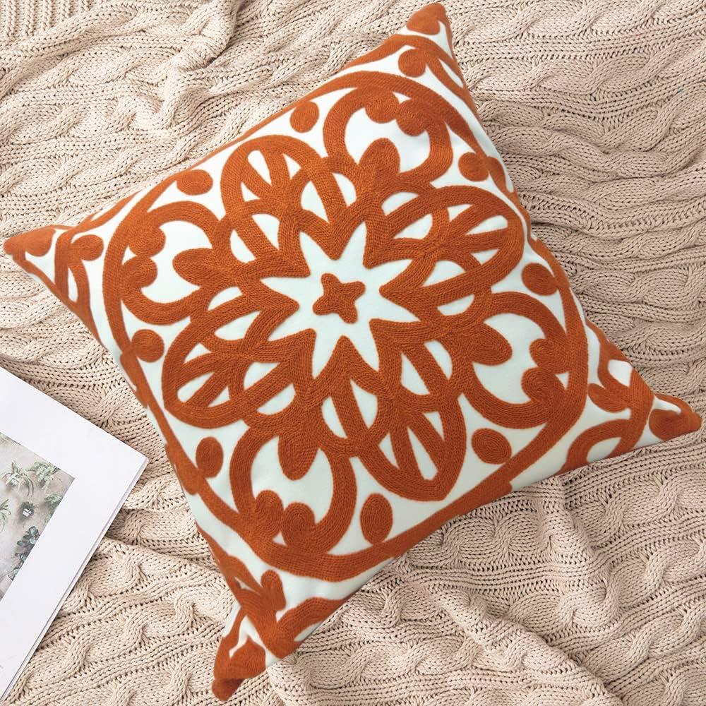 Burnt Orange Embroidered Cotton Euro Throw Pillow Covers