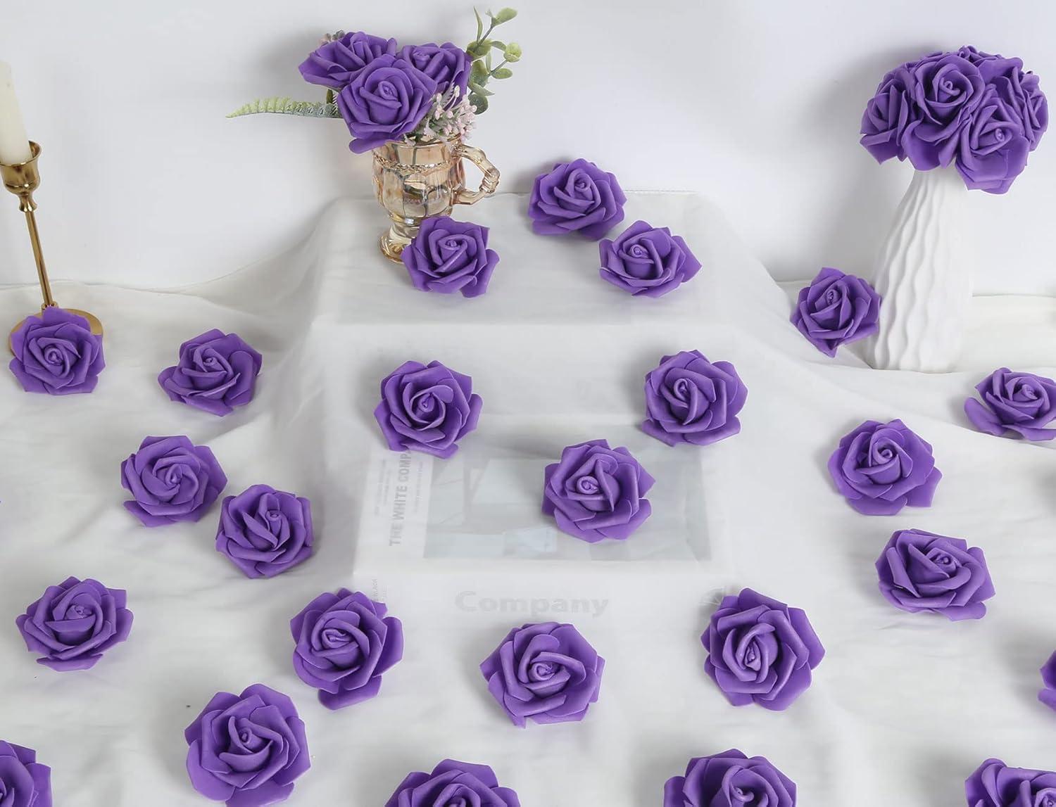 Juvale 100 Pack Purple Artificial Flowers, Bulk Stemless Fake Foam Roses for Wedding, Decorations, Bouquets, 3 in
