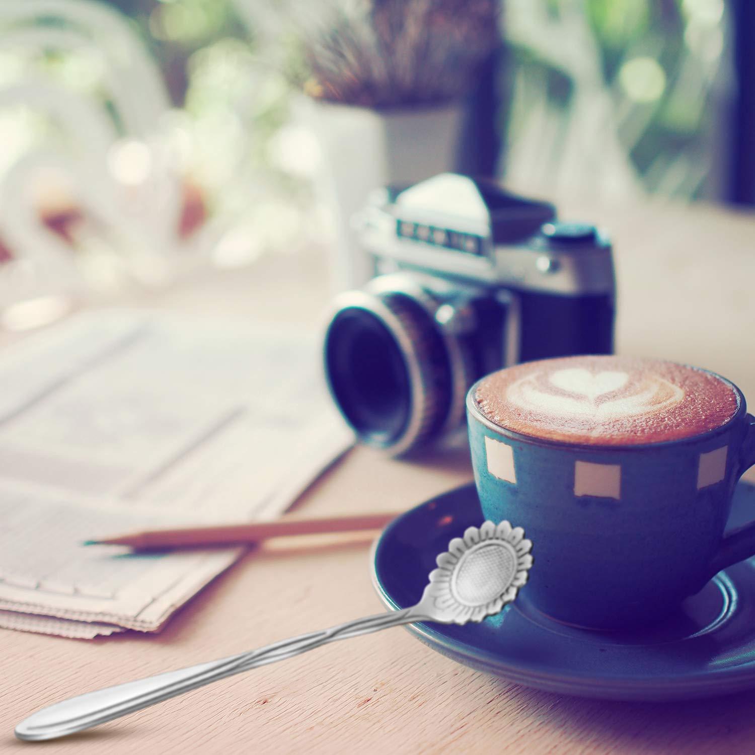 Chengu 8 Pieces Flower Coffee Tea Spoons Stainless Steel Sugar Spoons Tea Party Flower Fancy Tableware Set Stir Bar Creative Stirring Teaspoon, 8 Different Patterns(Silver)