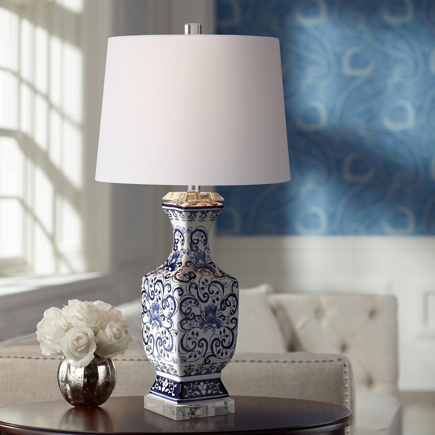 Blue and White Porcelain Floral Table Lamp with Crystal Base