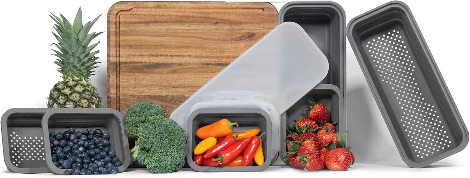 TidyBoard Meal Prep System - Acacia Cutting Board - The Quick & Easy Meal Prep Solution, Grey