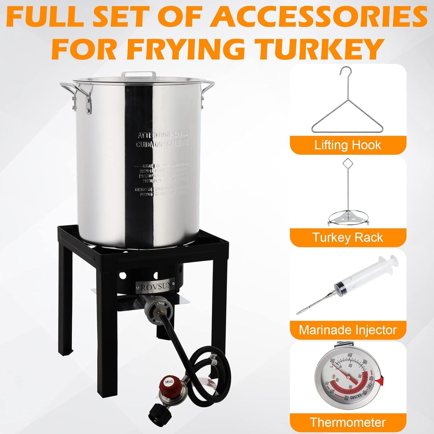 ROVSUN 30QT Turkey Fryer & 10QT Fish Fryer Kit w/ 55,000BTU Propane Stove, Aluminum Outdoor Deep Fryer & Seafood Boiler Steamer w/Baskets, Thermometer, Marinade Injector, Turkey Rack & Rack Lifter