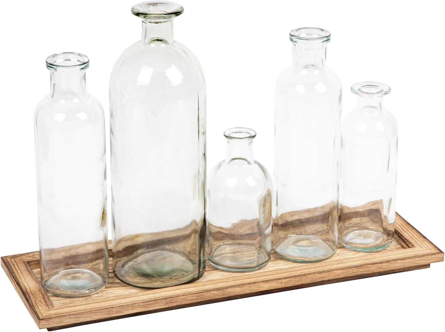 Creative Co-Op Set of 5 Vintage Bottle Vases on Wood Tray, Clear and Natural, Set of 6