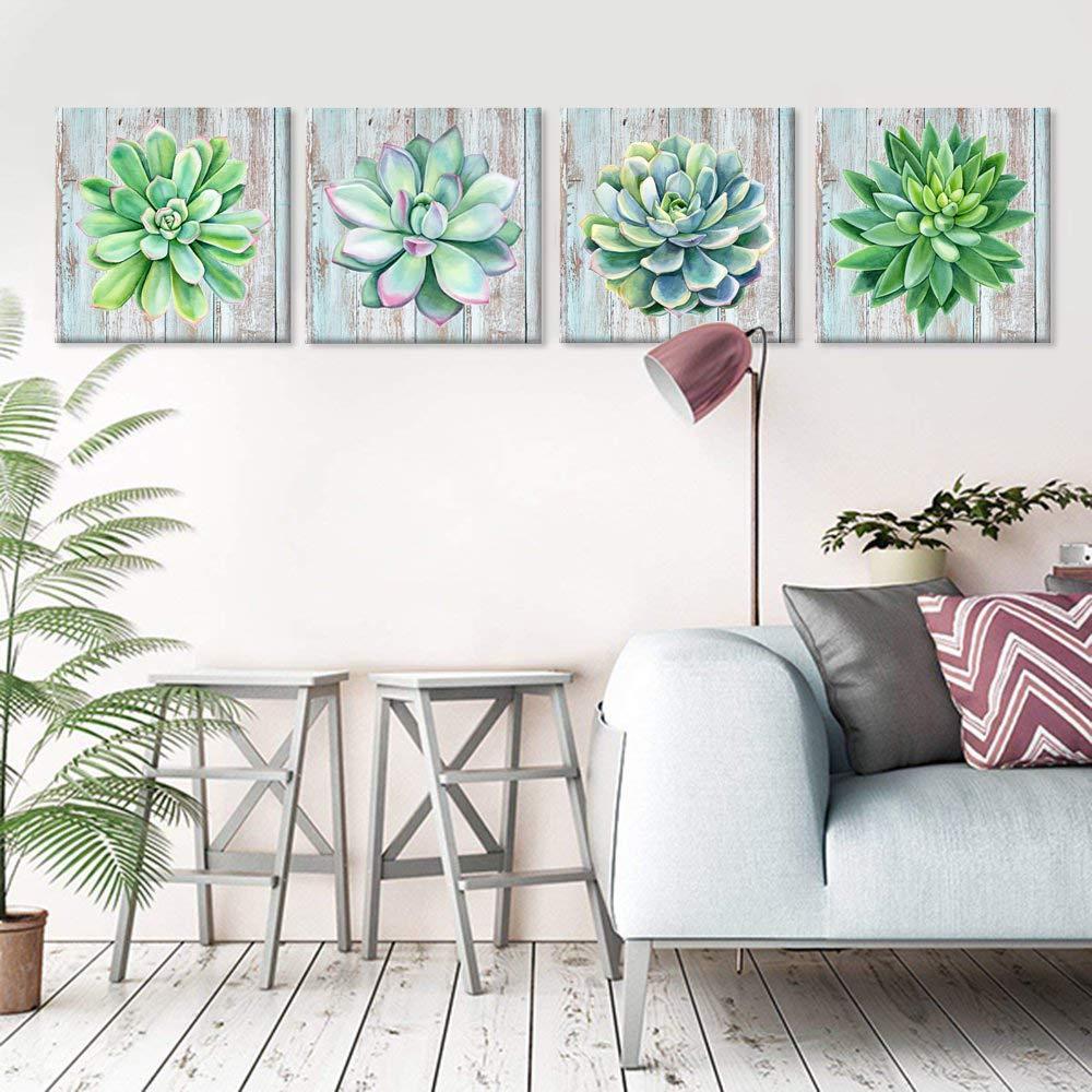 Paimuni Succulents Canvas Wall Art Watercolor Hand-Drawn Green Leaf Plants Printings Ready to Hang Wall Decor Botanical Giclee Prints 12x12inchesx4pcs