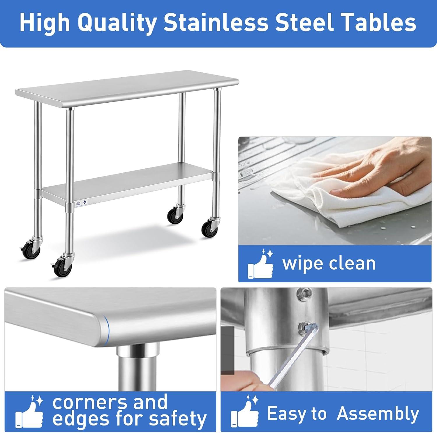 36"x24" Stainless Steel Kitchen Work Prep Table Commercial Workbench With Wheels