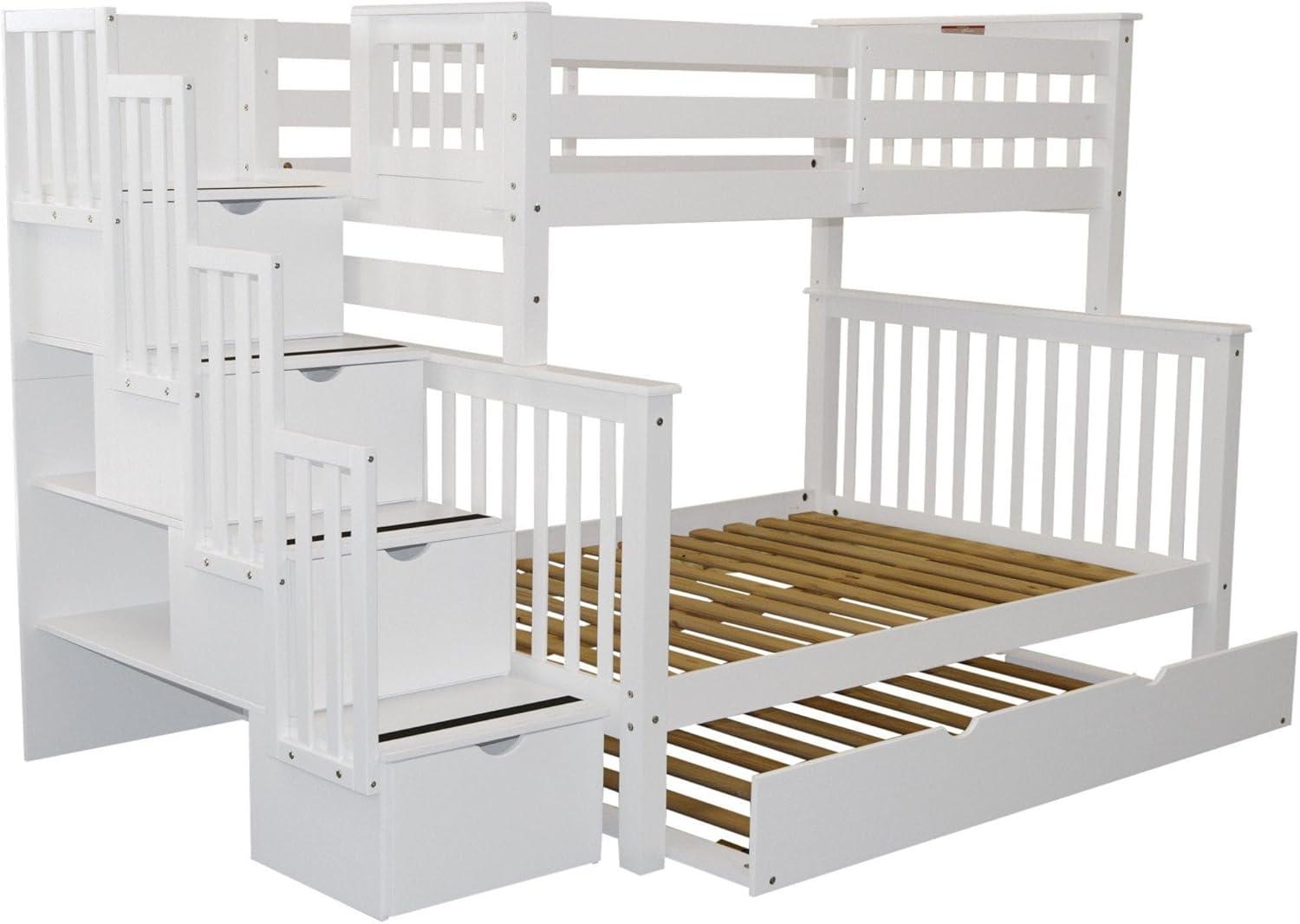 Bedz King Stairway Bunk Beds Twin over Full with 4 Drawers in the Steps and a Twin Trundle, White