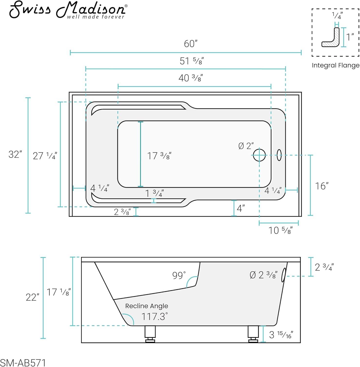 Claire 60" x 32" Alcove Tub with Corner Apron