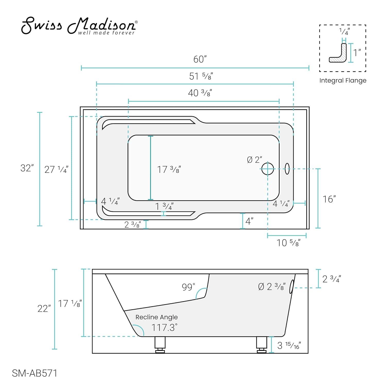 Claire 60" x 32" Alcove Tub with Corner Apron