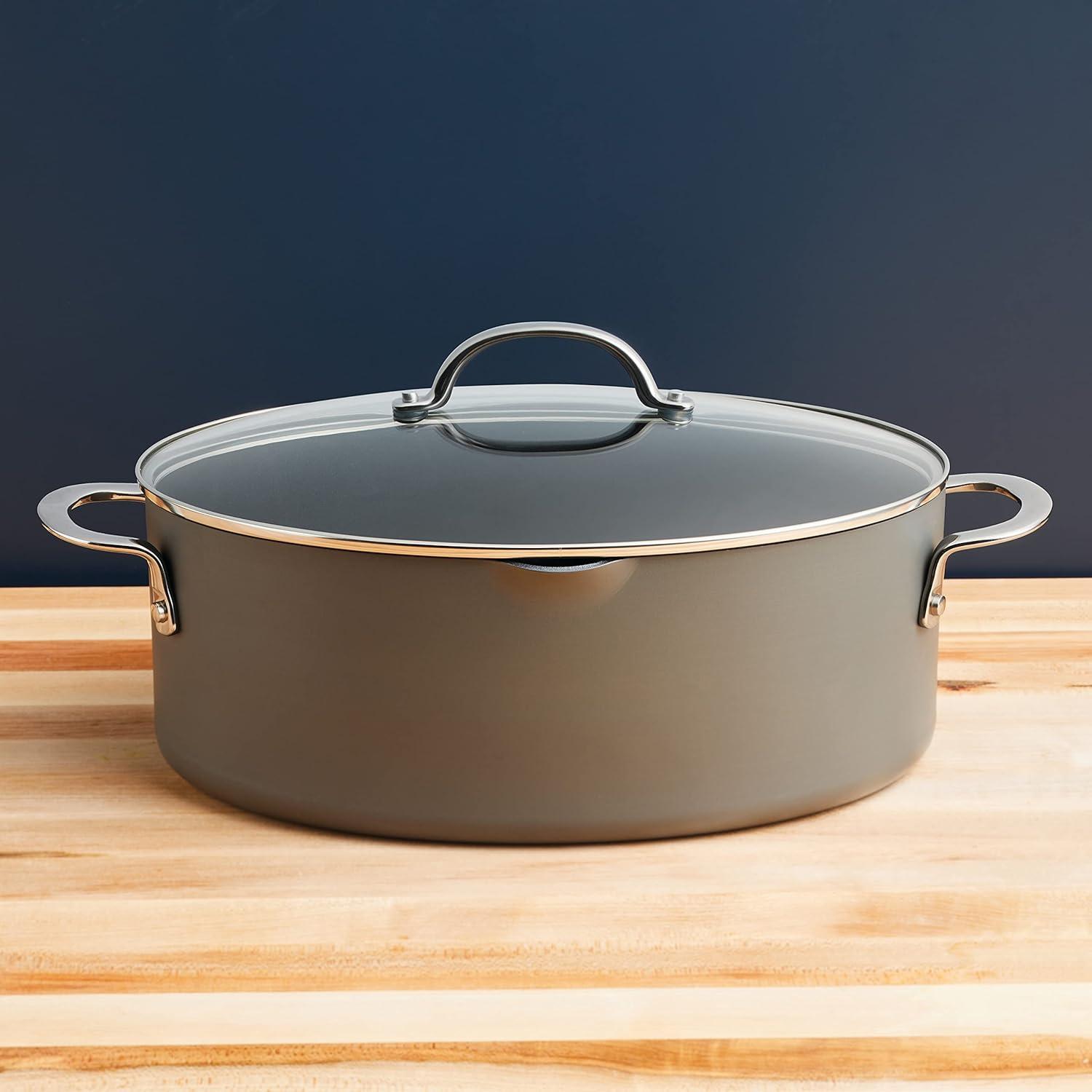 Gray Hard Anodized Nonstick Oval Pasta Pot with Glass Lid