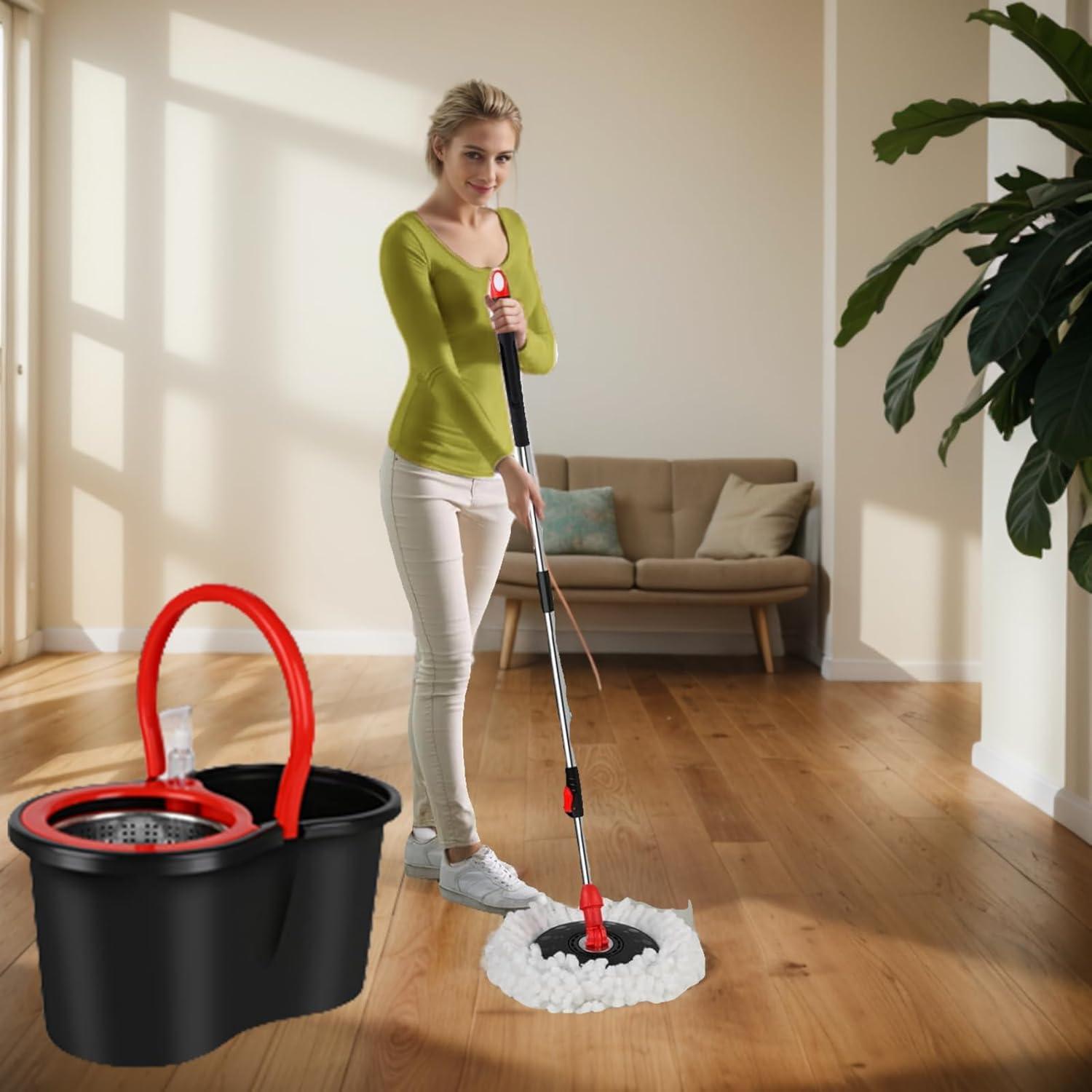 Spin Mop and Bucket with Wringer Set, 360° Spinning Mop Bucket System with 3 Microfiber Mop Replacement Heads, 61" Stainless Steel Extended Handle for Floor Cleaning Home Office