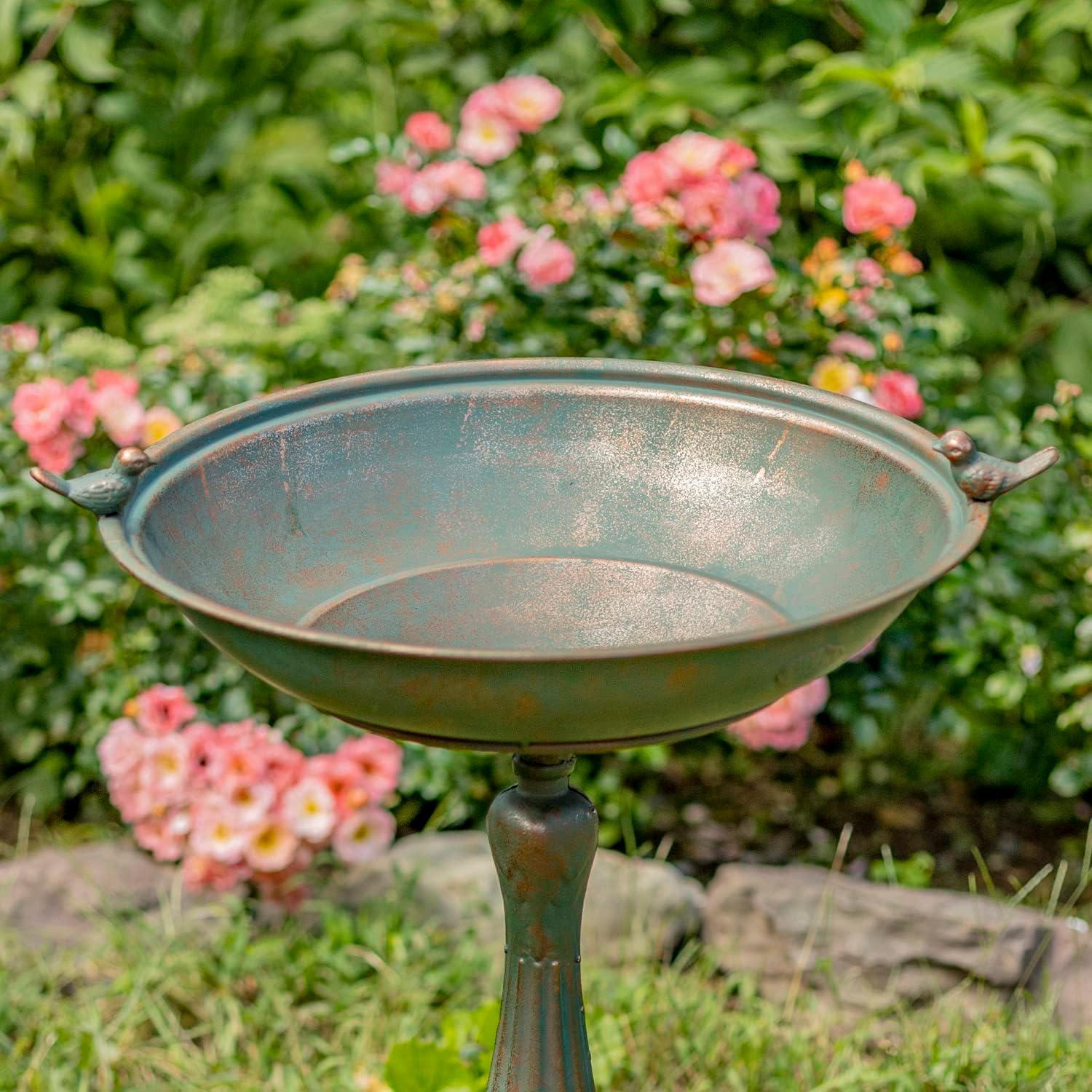 Zaer Ltd. Ornate Pedestal Style Birdbath with Cast Iron Birds on Rim (Bronze)