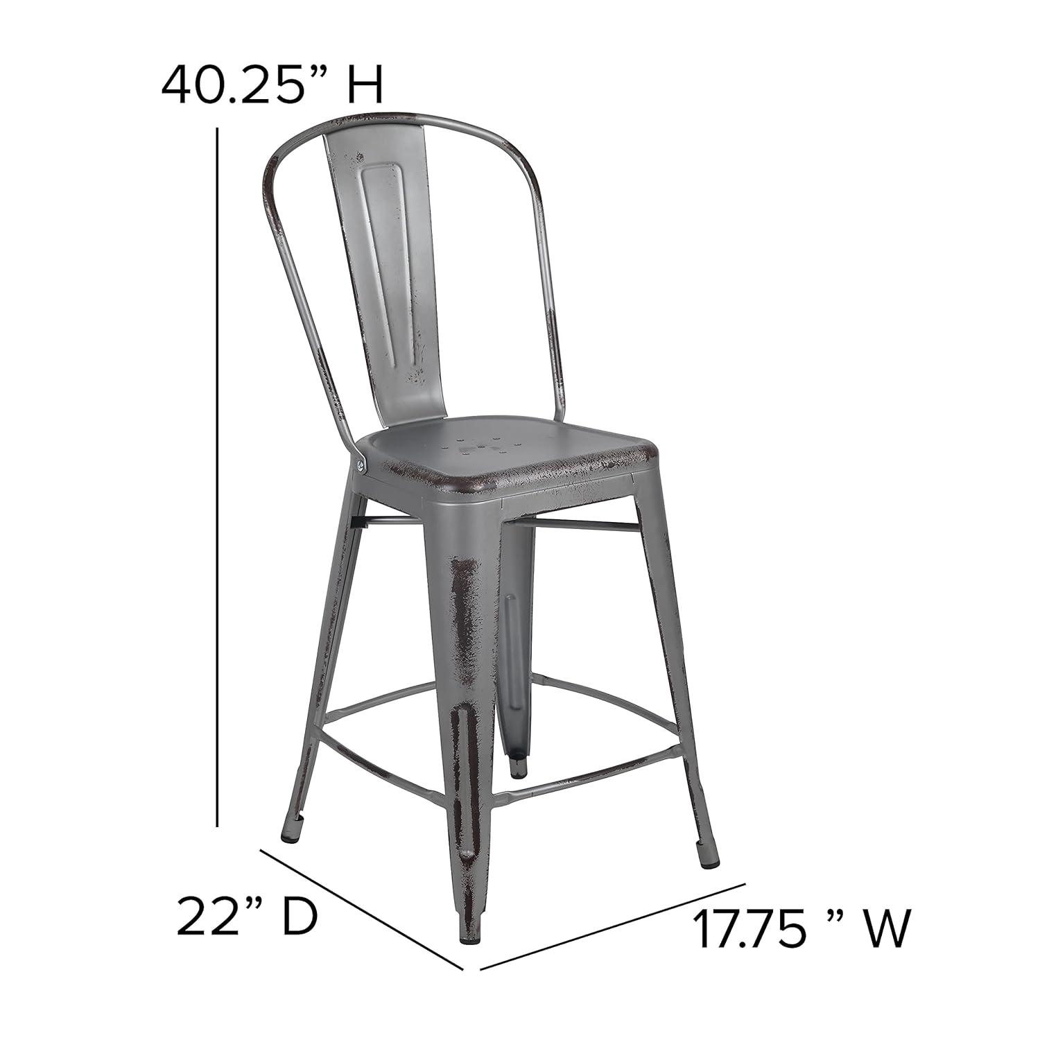 Flash Furniture Commercial Grade 24" High Distressed Silver Gray Metal Indoor-Outdoor Counter Height Stool with Back