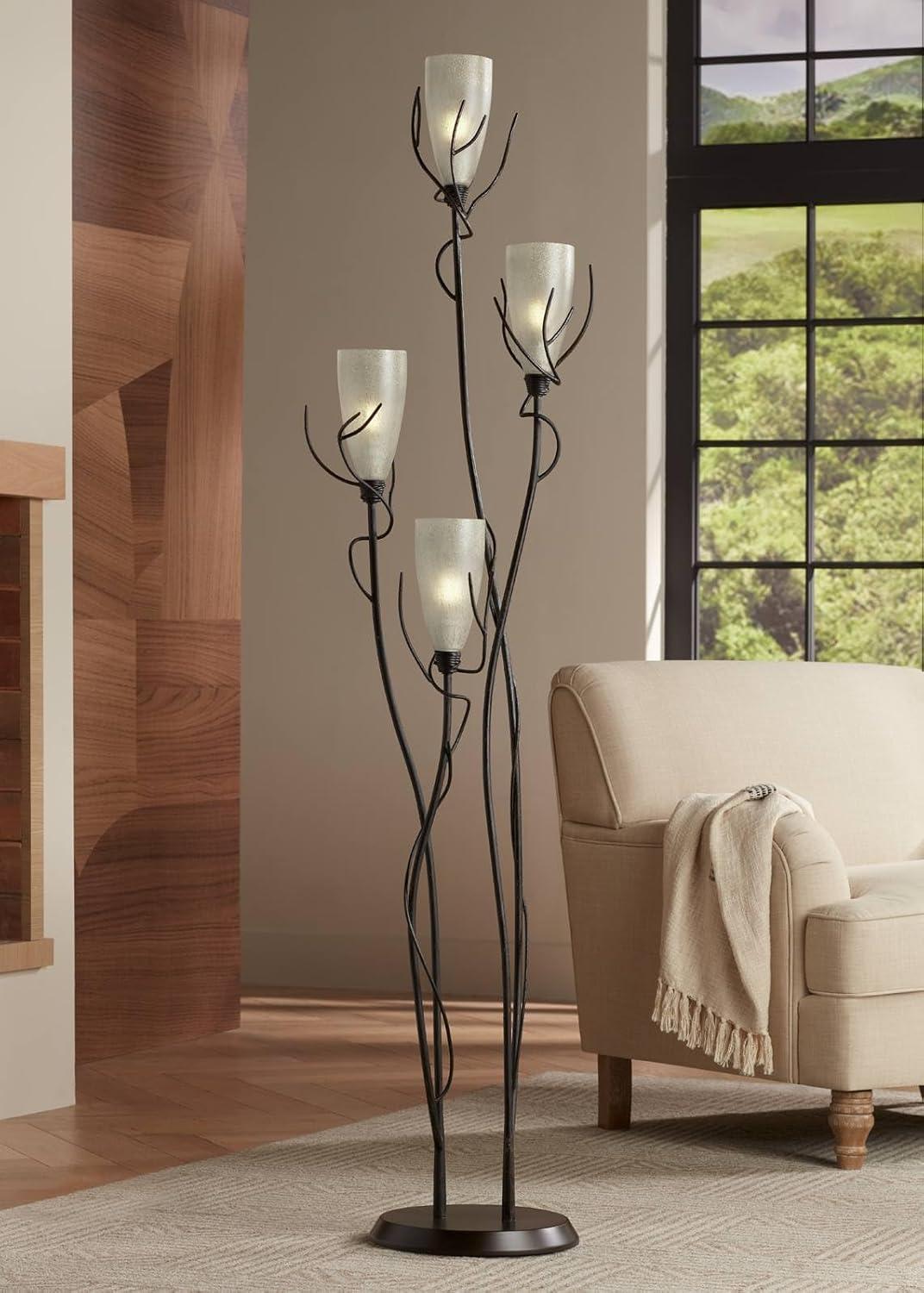 Bronze 4-Light Glass Shade Torchiere Floor Lamp