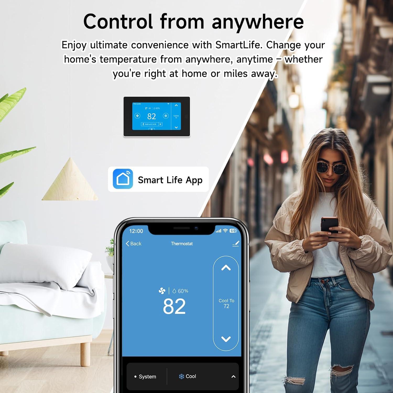 QUALITY FLOORING INC. Smart Thermostat For House With C-Wire Adapter, Programmable Wifi Thermostat Compatible With Alexa And Google Assistant,Energy Saving, Remote Control Tuya/Smart Life, C-Wire Require,Christamas Gift
