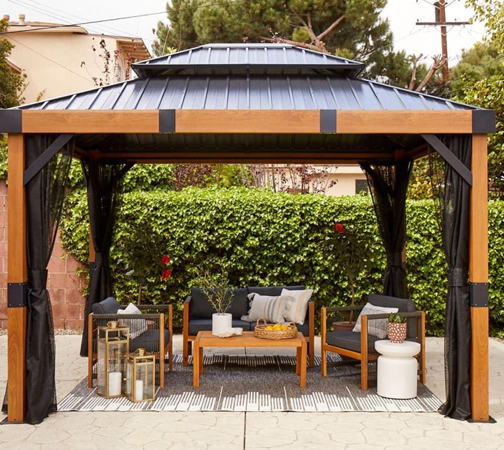Sojag Outdoor 10' x 12' Fontana Hardtop Double Roof Gazebo Outdoor Sun Shelter, Wood and Black