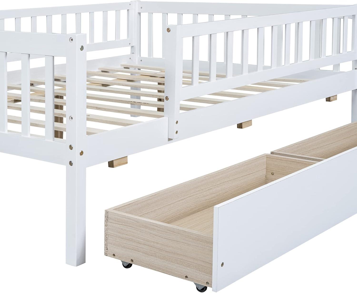 DEINPPA Full Bed with Drawers, Kids Daybed with Storage, Wooden Bed Frame with Slat for Kids Children Toddlers Boys Girls-White