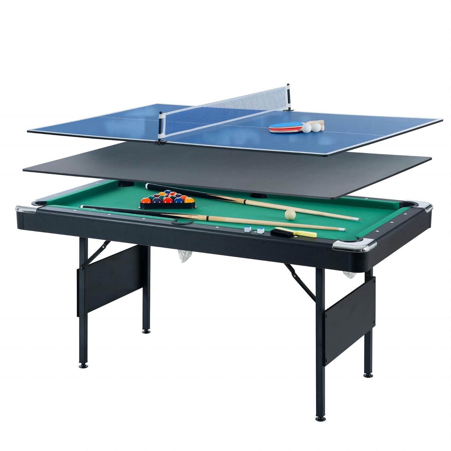 Holaki 3 in 1 Billiard Table, 65.75" Folding Pool Table with Ping Pong Table and Dining Top, Multi Game Table Includes Billiard Accessories and Tennis Paddles for Family Game Room, Basements