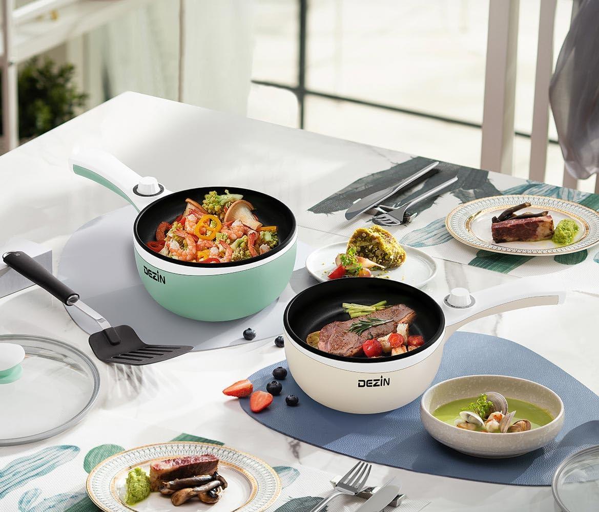 Dezin Electric Hot Pot Upgraded, Non-Stick Sauté Pan, Rapid Noodles Cooker, 1.5L Mini Pot for Steak, Egg, Fried Rice, Ramen, Oatmeal, Soup with Temperature Control, Beige (Egg Rack Included)