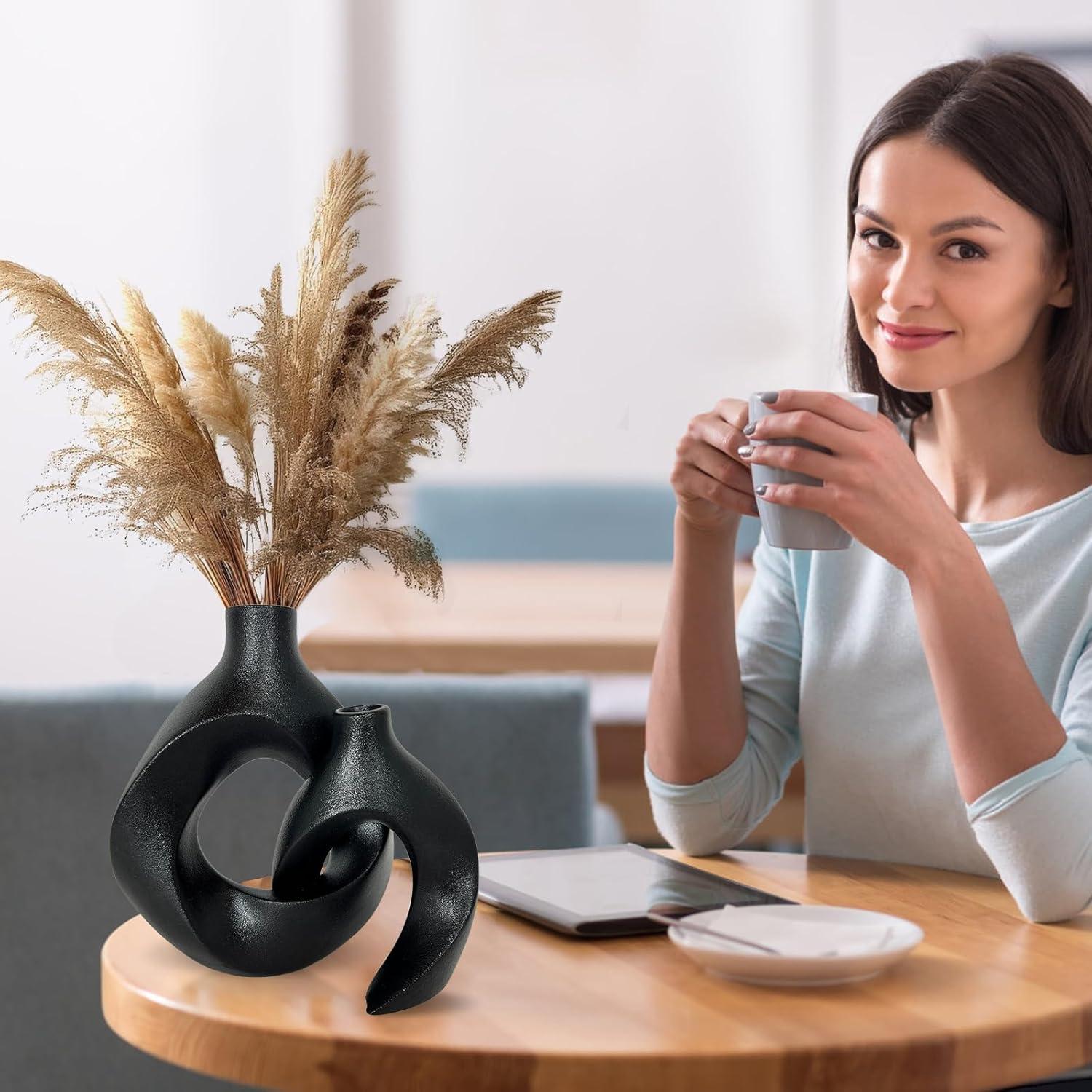 Matte Black Ceramic Decorative Vase Set with Curved Design