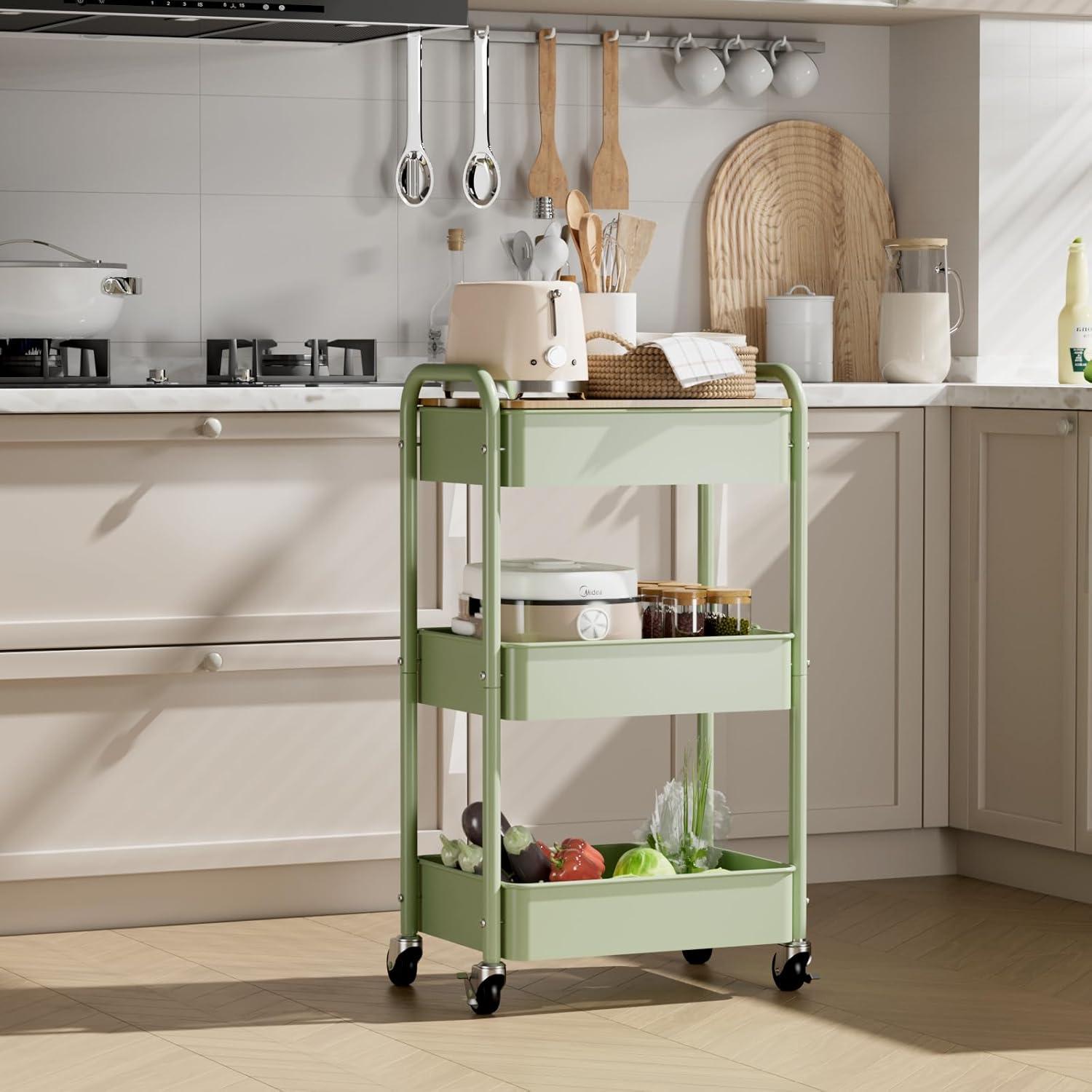 LEHOM 3 Tier Rolling Utility Cart, Metal Trolley Cart with Wheels, Hooks, Easy Assembly Organizer Storage Cart for Bathroom, Kitchen, Office, Bedroom(White)